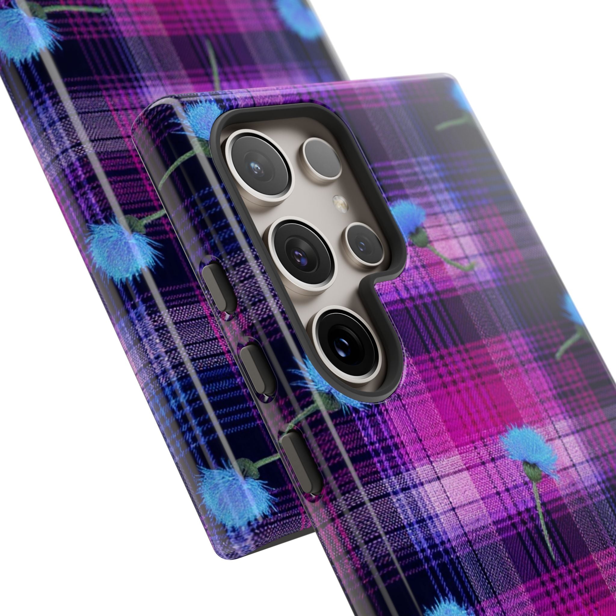 Purple Plaid Blue Thistle Tartan Phone Case — Floral Plaid Protective iPhone Cover