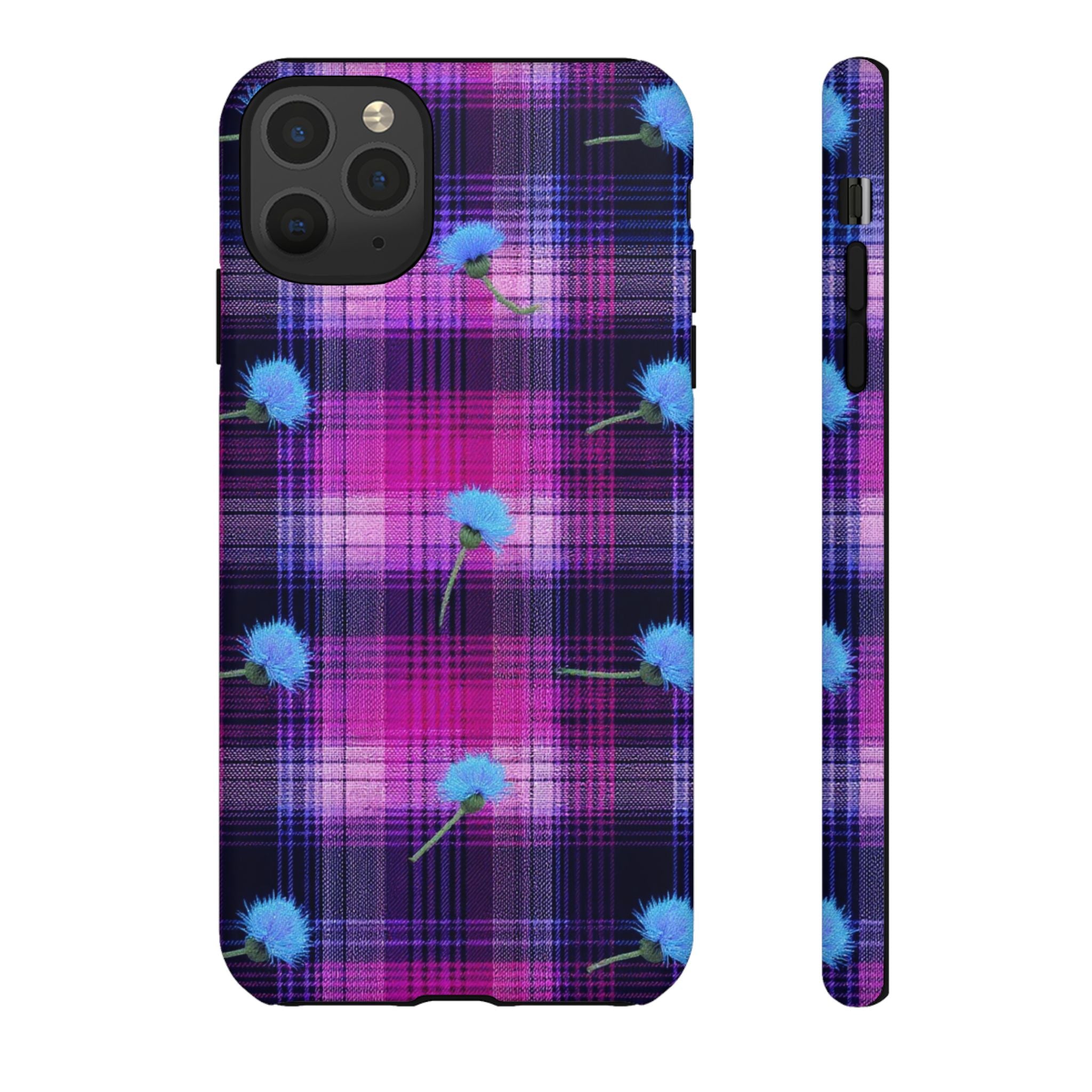 Purple Plaid Blue Thistle Tartan Phone Case — Floral Plaid Protective iPhone Cover