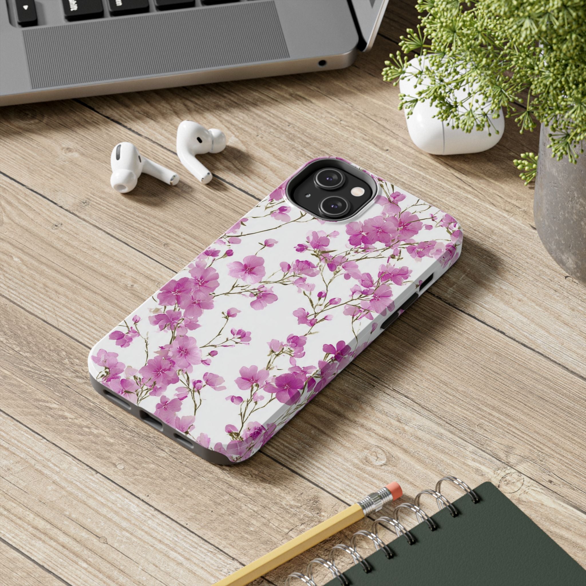 Floral Pink Blossoms Tough Phone Case — Durable Protective Phone Cover with Watercolor Cherry Blossom Design