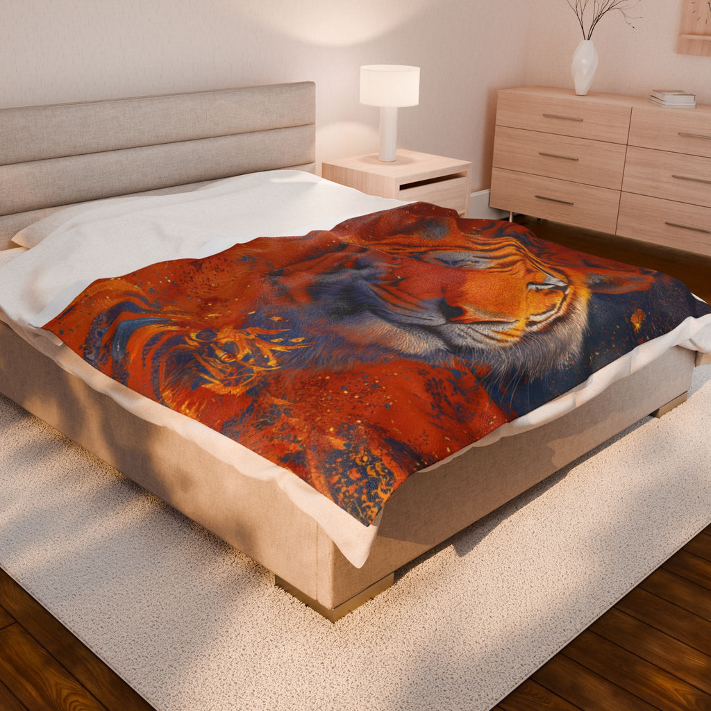 Tiger Portrait Velveteen Plush Blanket — Cozy Vibrant Wildlife Throw