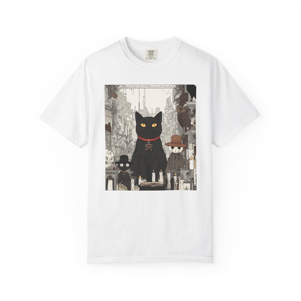 Black Cat Cityscape T-Shirt — Vintage Urban Cat Illustration