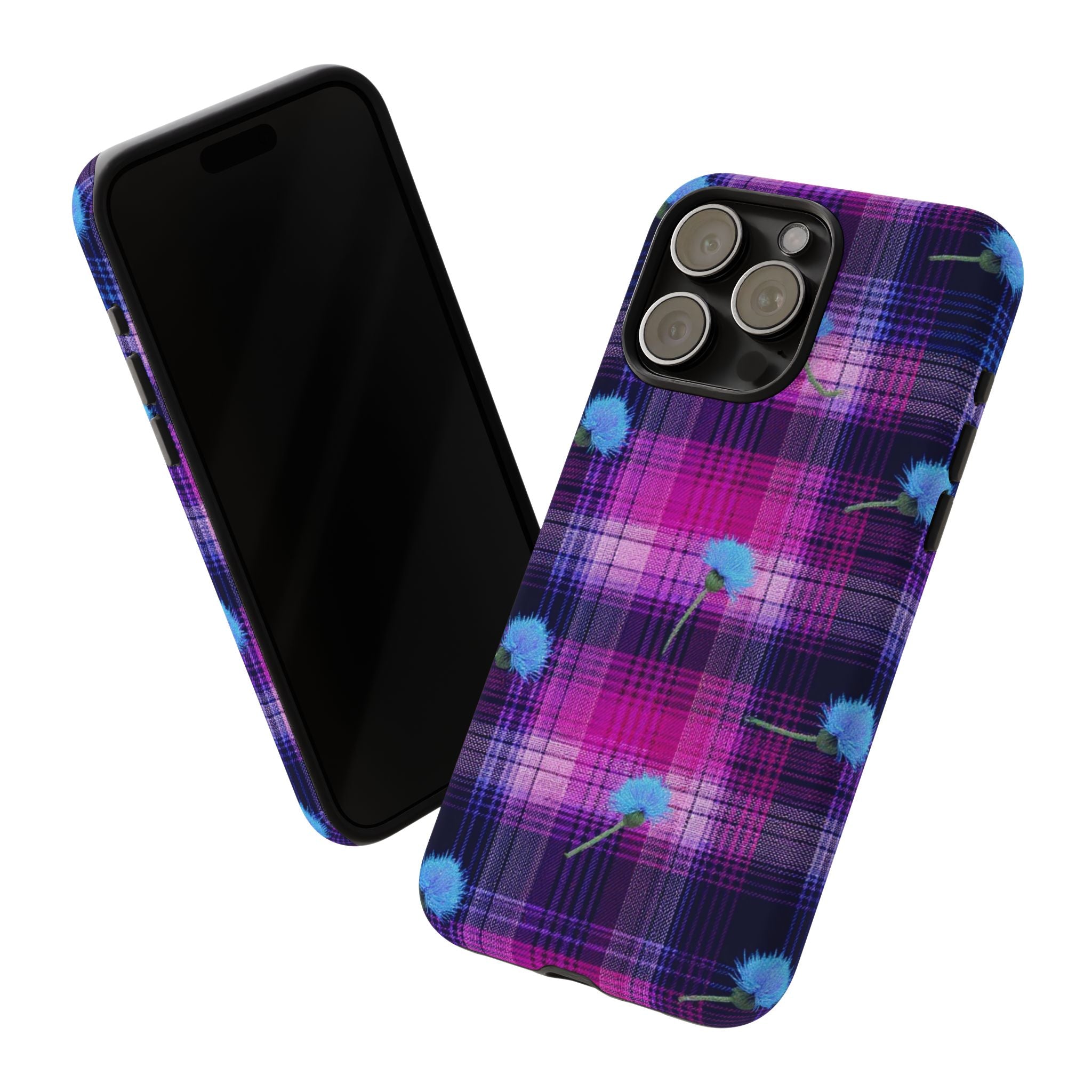 Purple Plaid Blue Thistle Tartan Phone Case — Floral Plaid Protective iPhone Cover
