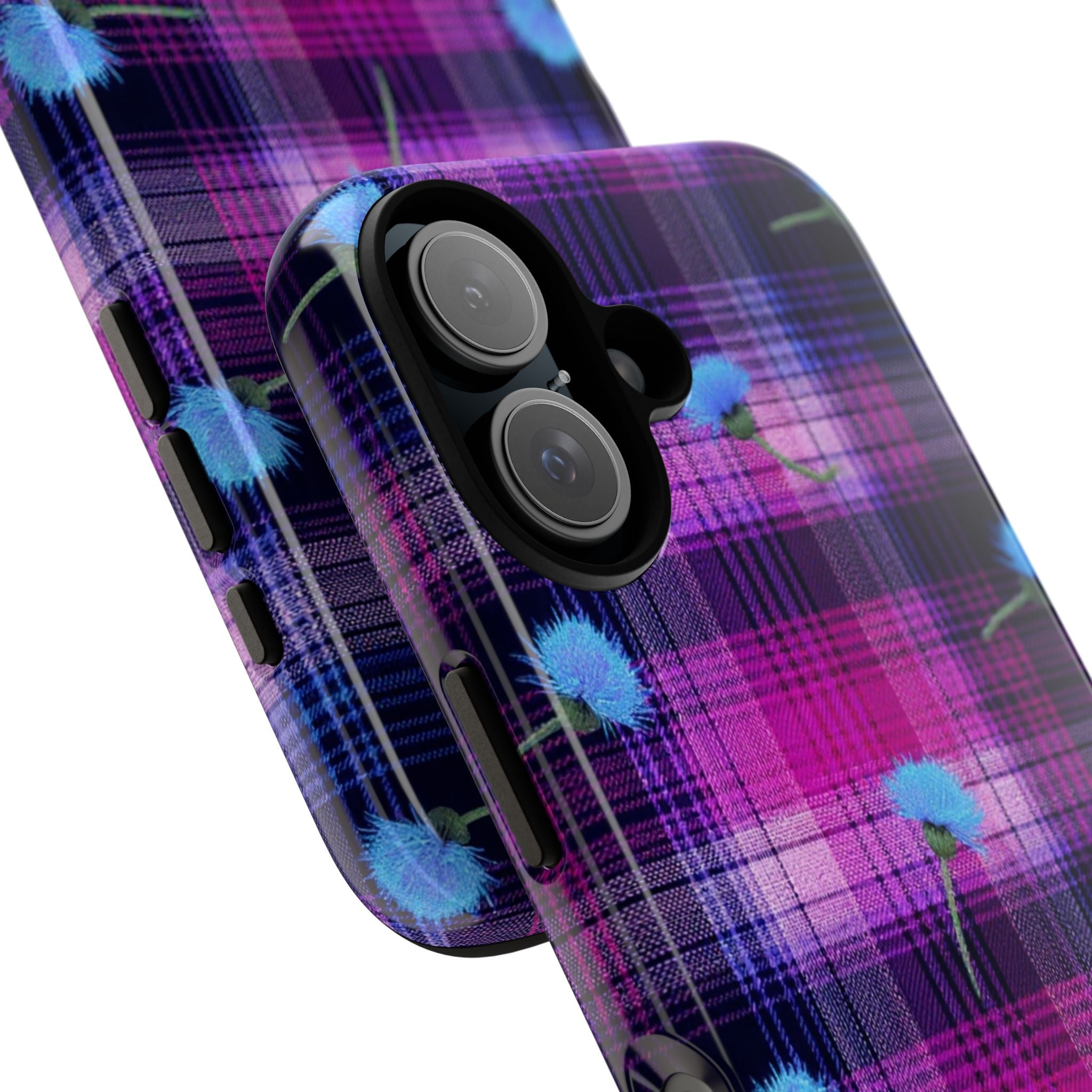 Purple Plaid Blue Thistle Tartan Phone Case — Floral Plaid Protective iPhone Cover