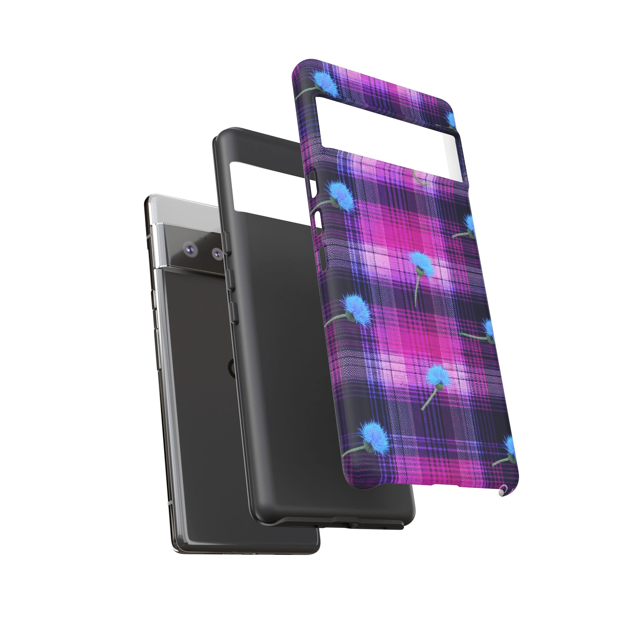 Purple Plaid Blue Thistle Tartan Phone Case — Floral Plaid Protective iPhone Cover