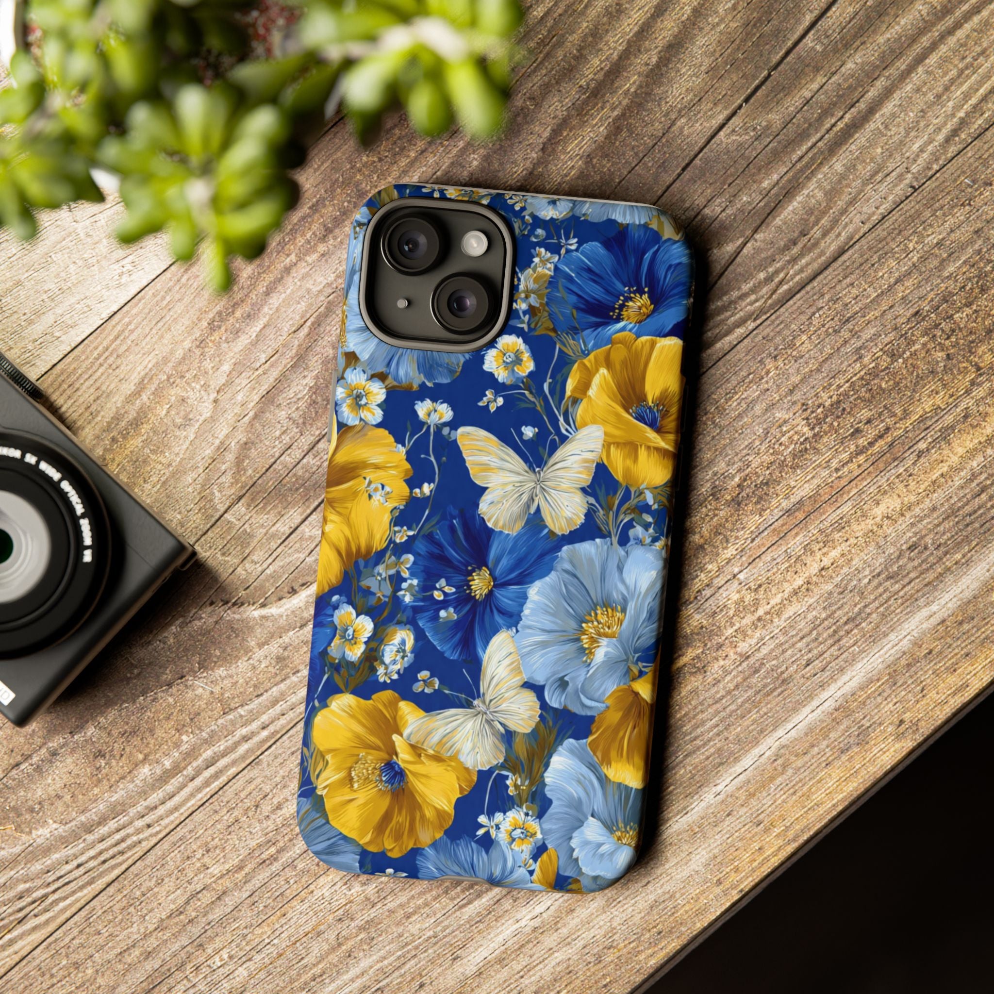 Floral Butterflies Phone Case — Blue & Yellow Tough Protective Cover