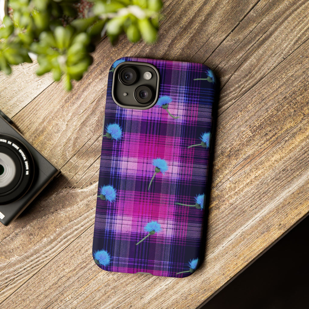 Purple Plaid Blue Thistle Tartan Phone Case — Floral Plaid Protective iPhone Cover