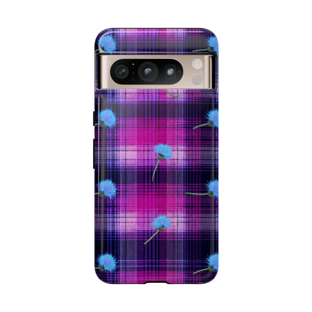 Purple Plaid Blue Thistle Tartan Phone Case — Floral Plaid Protective iPhone Cover