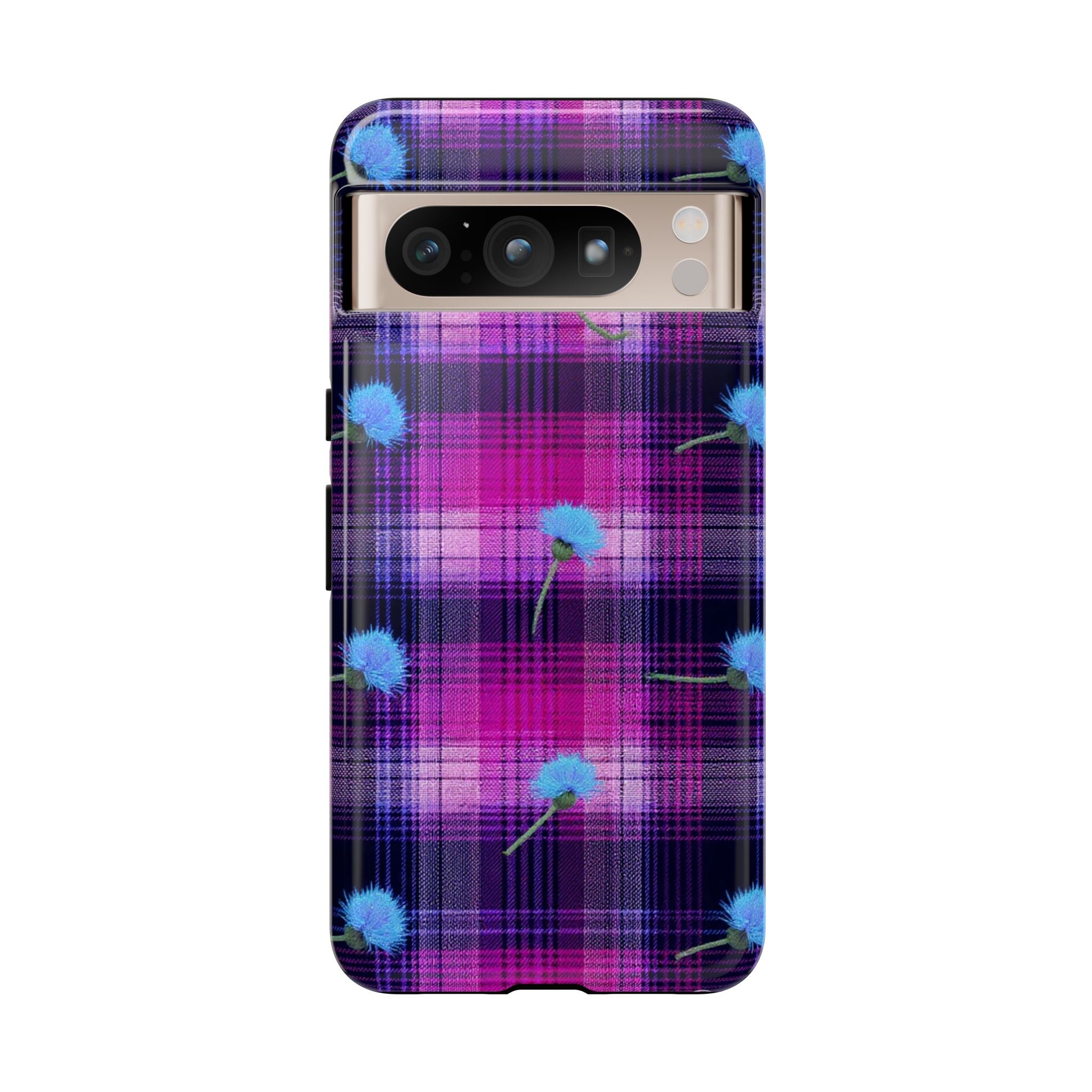 Purple Plaid Blue Thistle Tartan Phone Case — Floral Plaid Protective iPhone Cover
