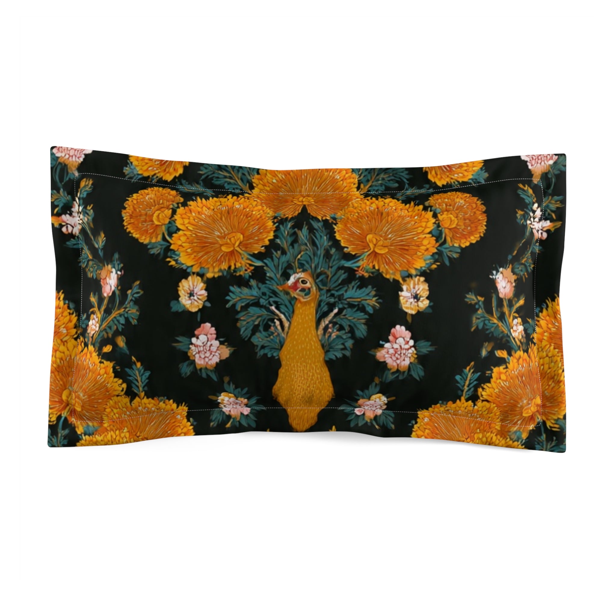 Golden Marigold Floral Pillow Sham — Baroque Peacock Accent