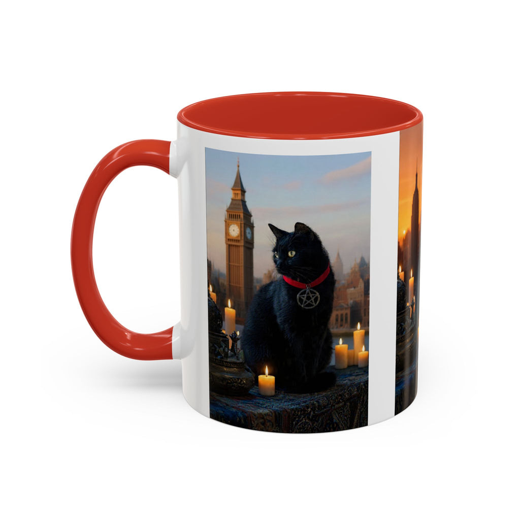 Black Cat Altar Coffee Mug — Gothic Cat with Pentagram, Candlelit Sunset Scene (11/15oz)