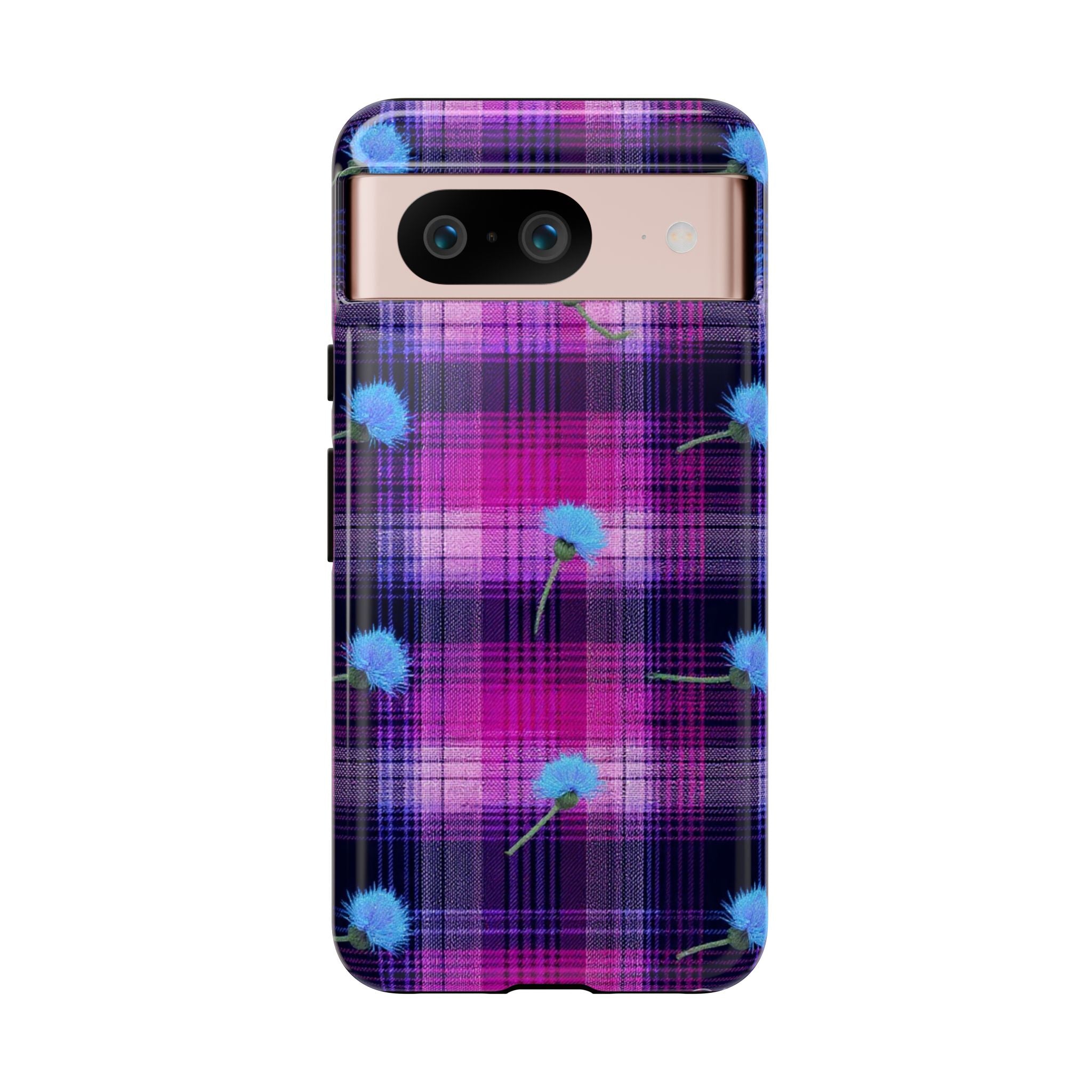 Purple Plaid Blue Thistle Tartan Phone Case — Floral Plaid Protective iPhone Cover