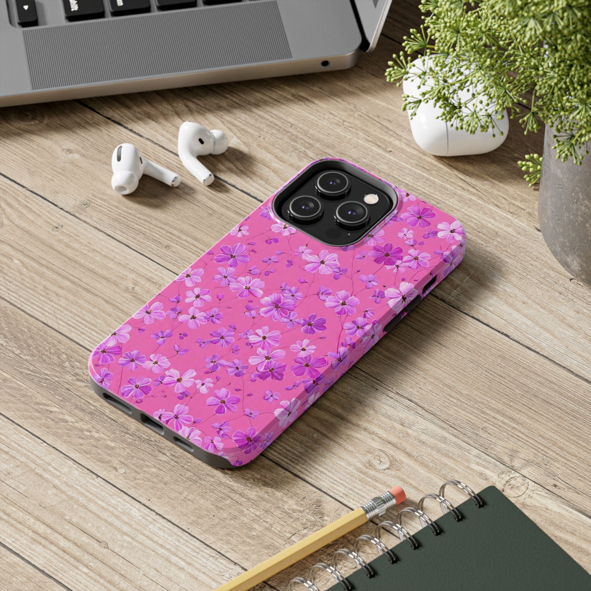 Pink Floral Tough Phone Case — Cute Purple Blossom Protective Cover