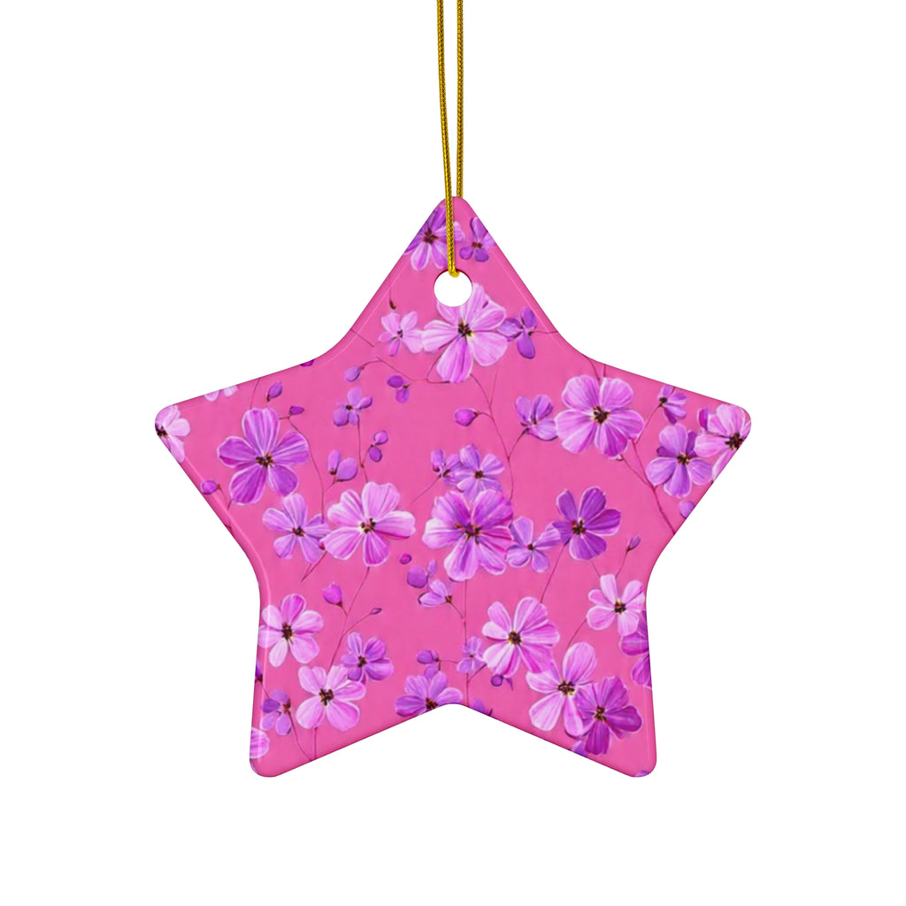 Floral Pink Star Ceramic Ornament — Flower Pattern Holiday Decoration