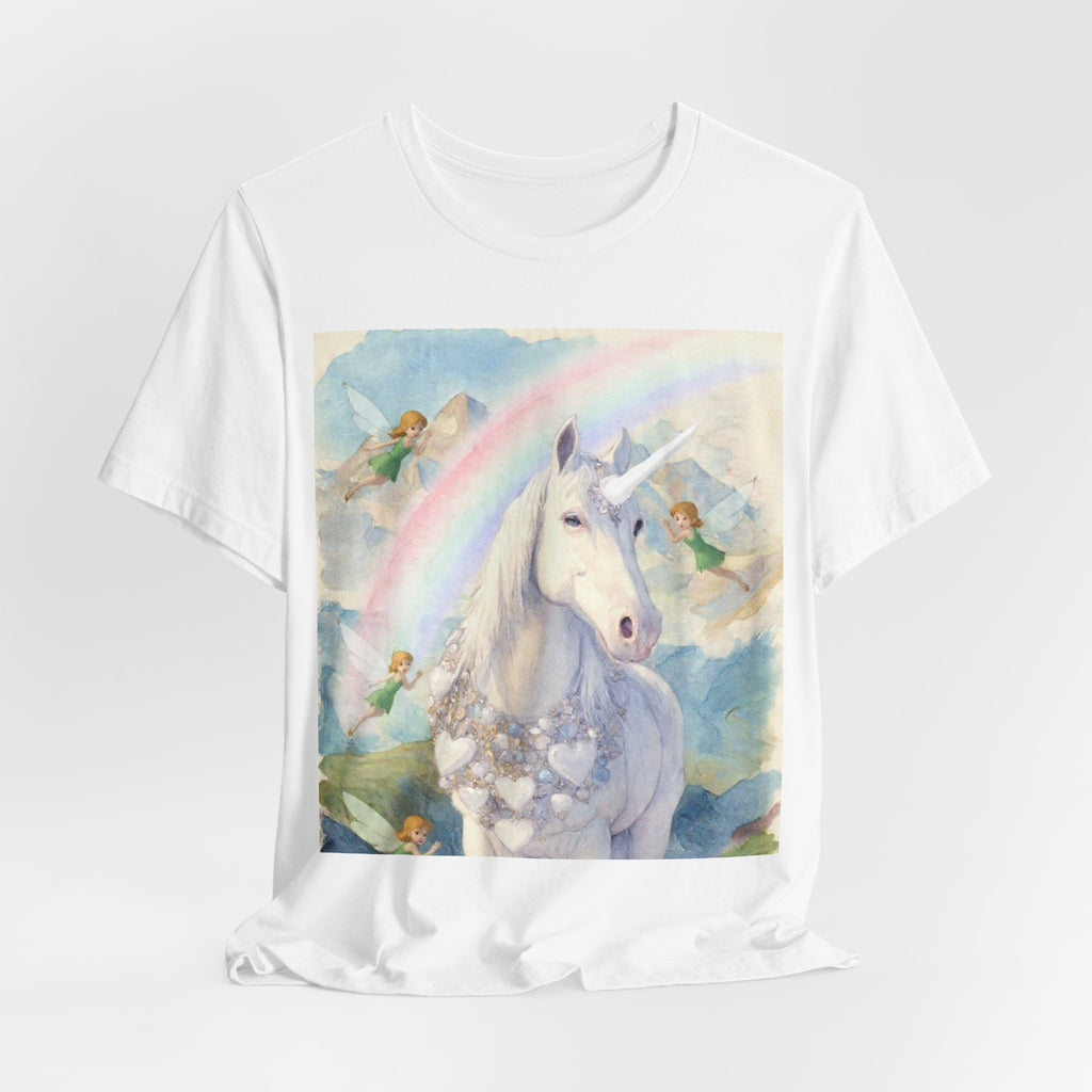Unicorn Rainbow Tee — Whimsical Pegasus Shirt with Fairies and Floral Garland
