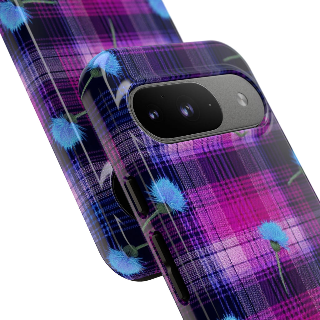 Purple Plaid Blue Thistle Tartan Phone Case — Floral Plaid Protective iPhone Cover