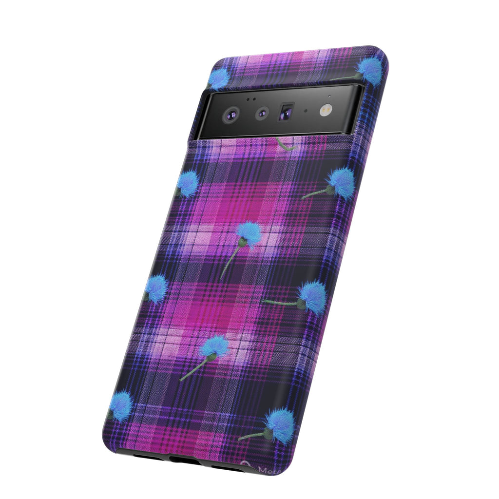 Purple Plaid Blue Thistle Tartan Phone Case — Floral Plaid Protective iPhone Cover