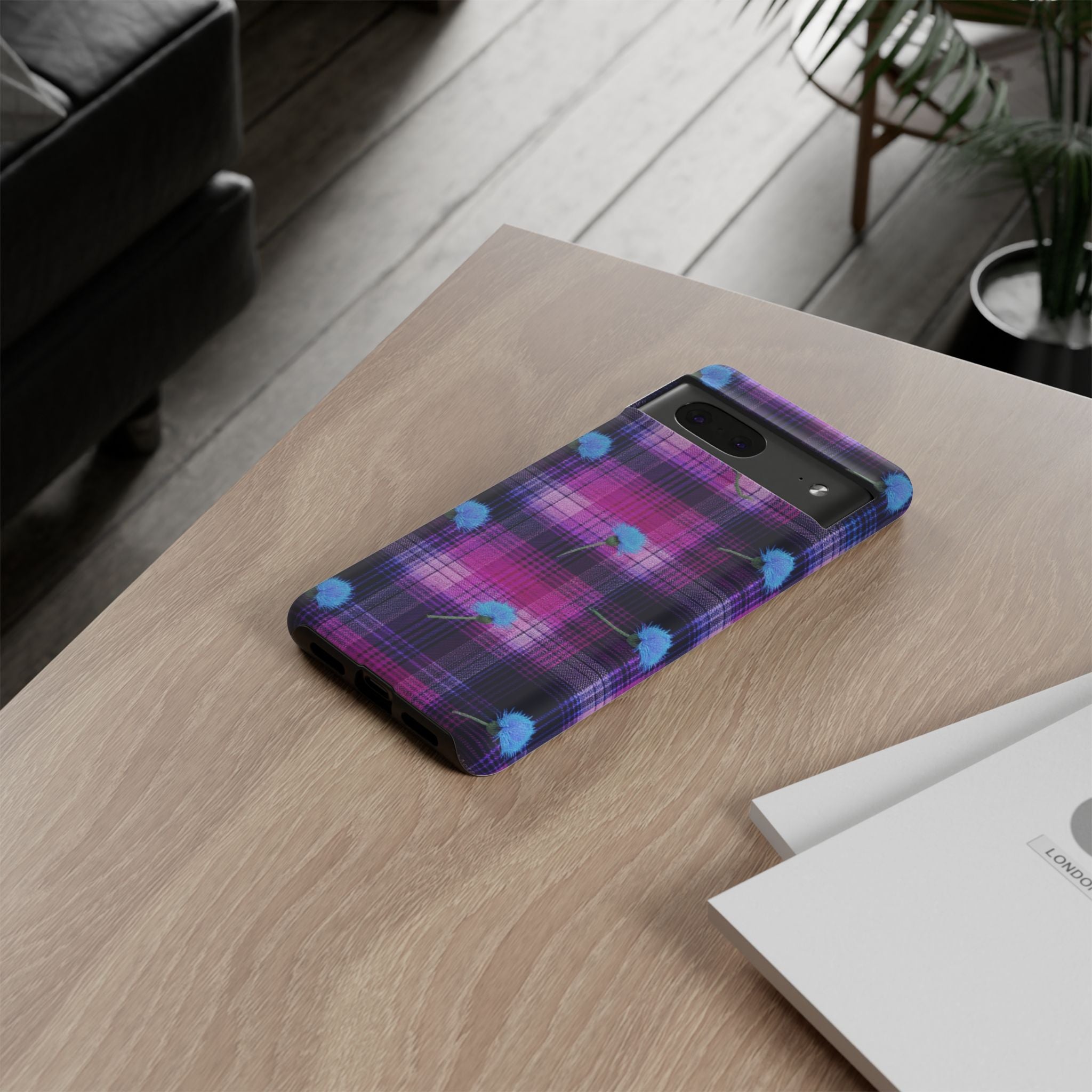 Purple Plaid Blue Thistle Tartan Phone Case — Floral Plaid Protective iPhone Cover