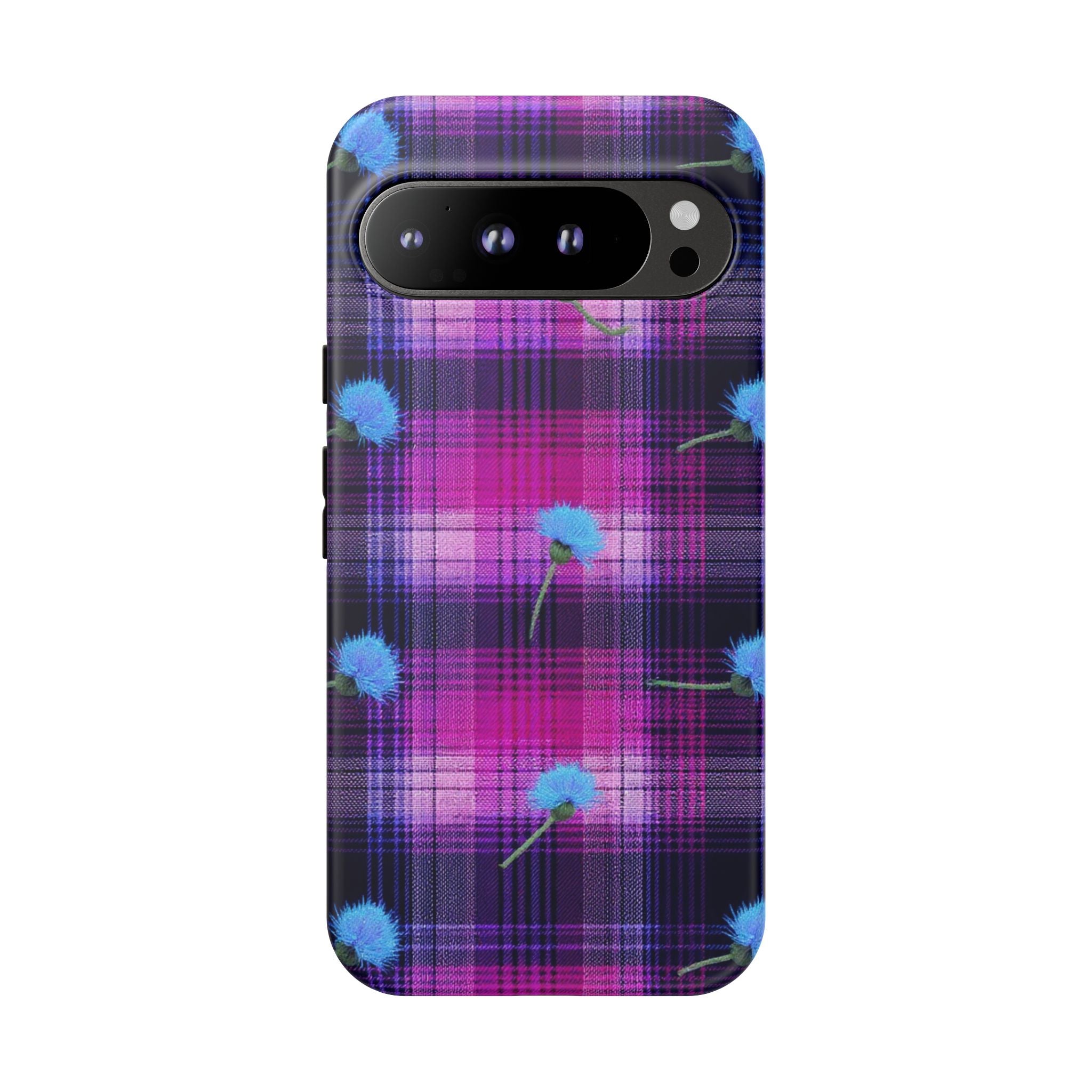 Purple Plaid Blue Thistle Tartan Phone Case — Floral Plaid Protective iPhone Cover