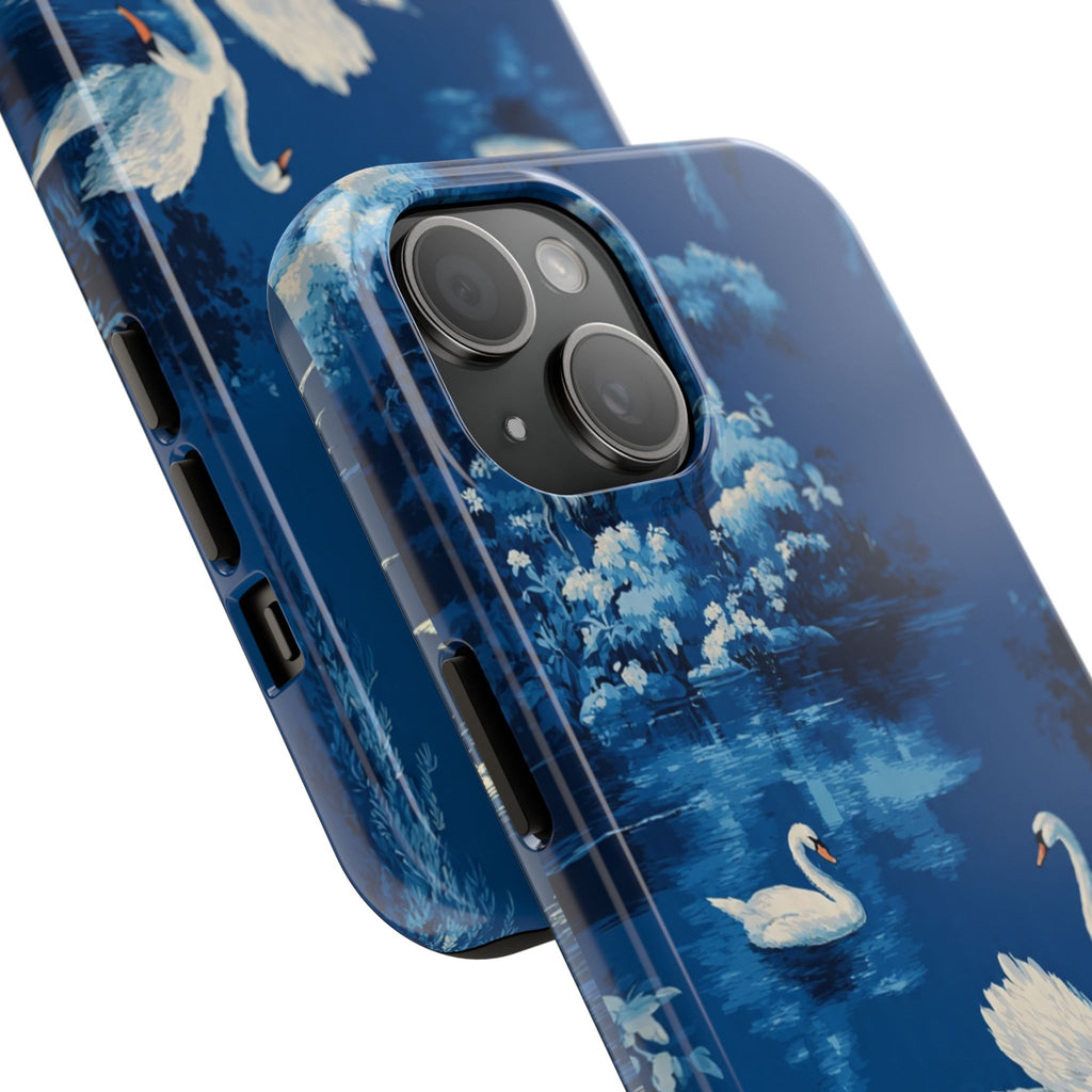 Swan Lake Tough Phone Case — Blue Vintage Swan Design, Durable Protective Cover