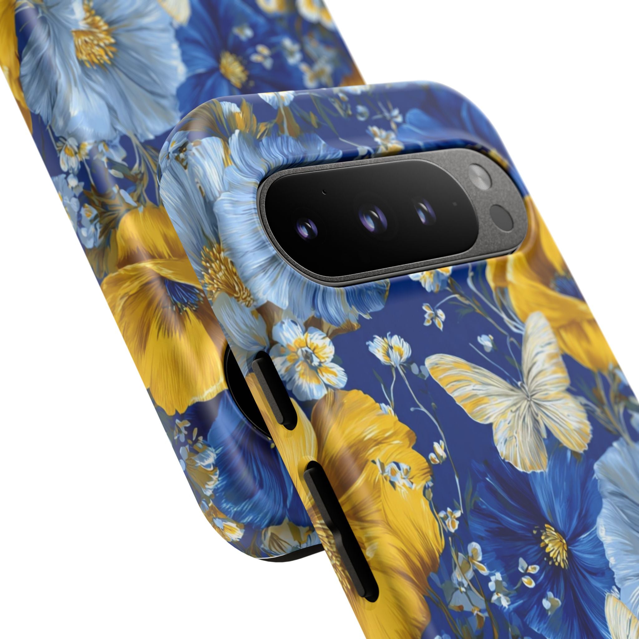 Floral Butterflies Phone Case — Blue & Yellow Tough Protective Cover