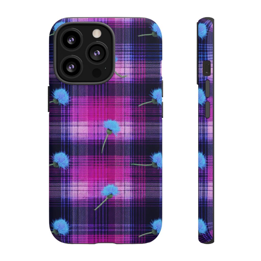 Purple Plaid Blue Thistle Tartan Phone Case — Floral Plaid Protective iPhone Cover