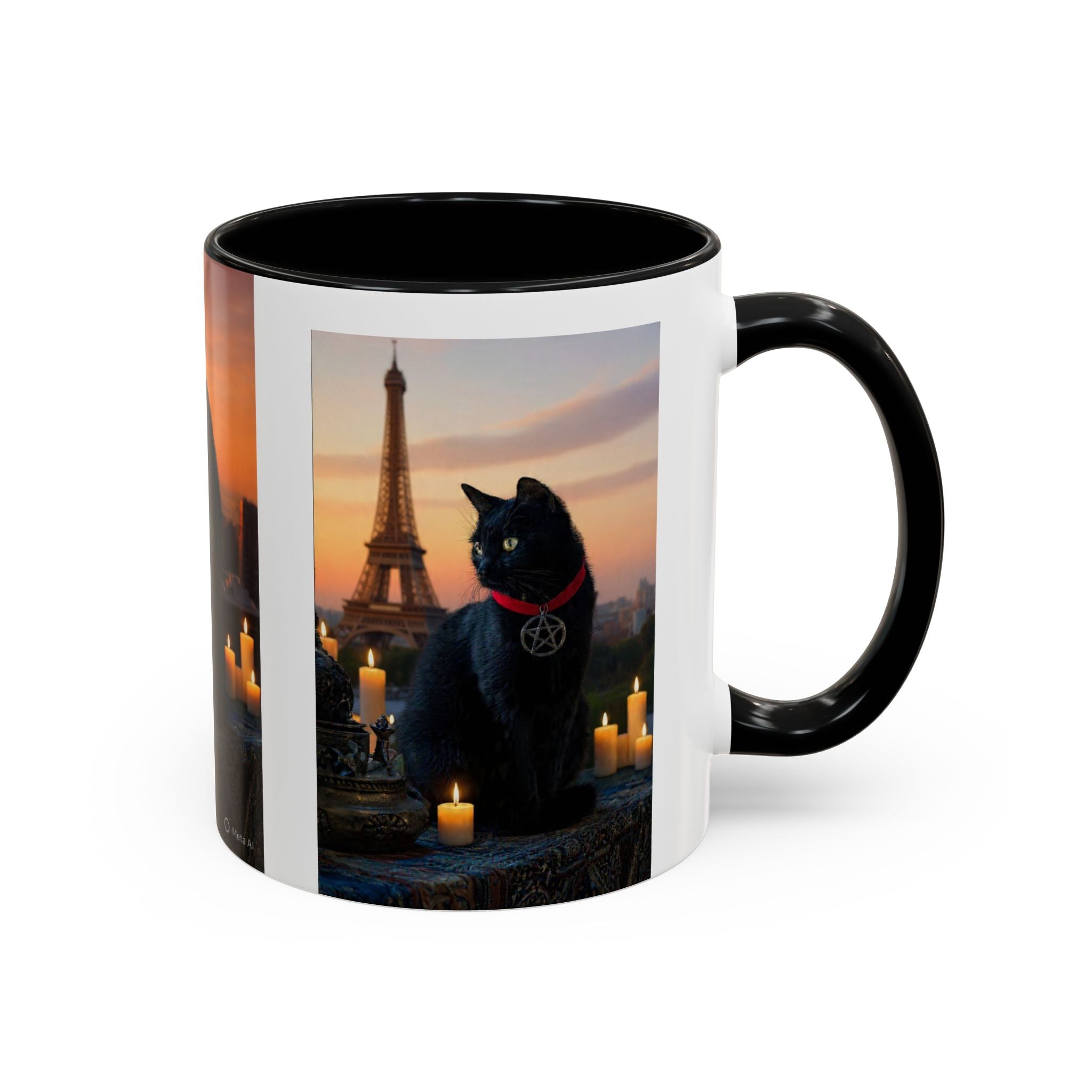 Black Cat Altar Coffee Mug — Gothic Cat with Pentagram, Candlelit Sunset Scene (11/15oz)