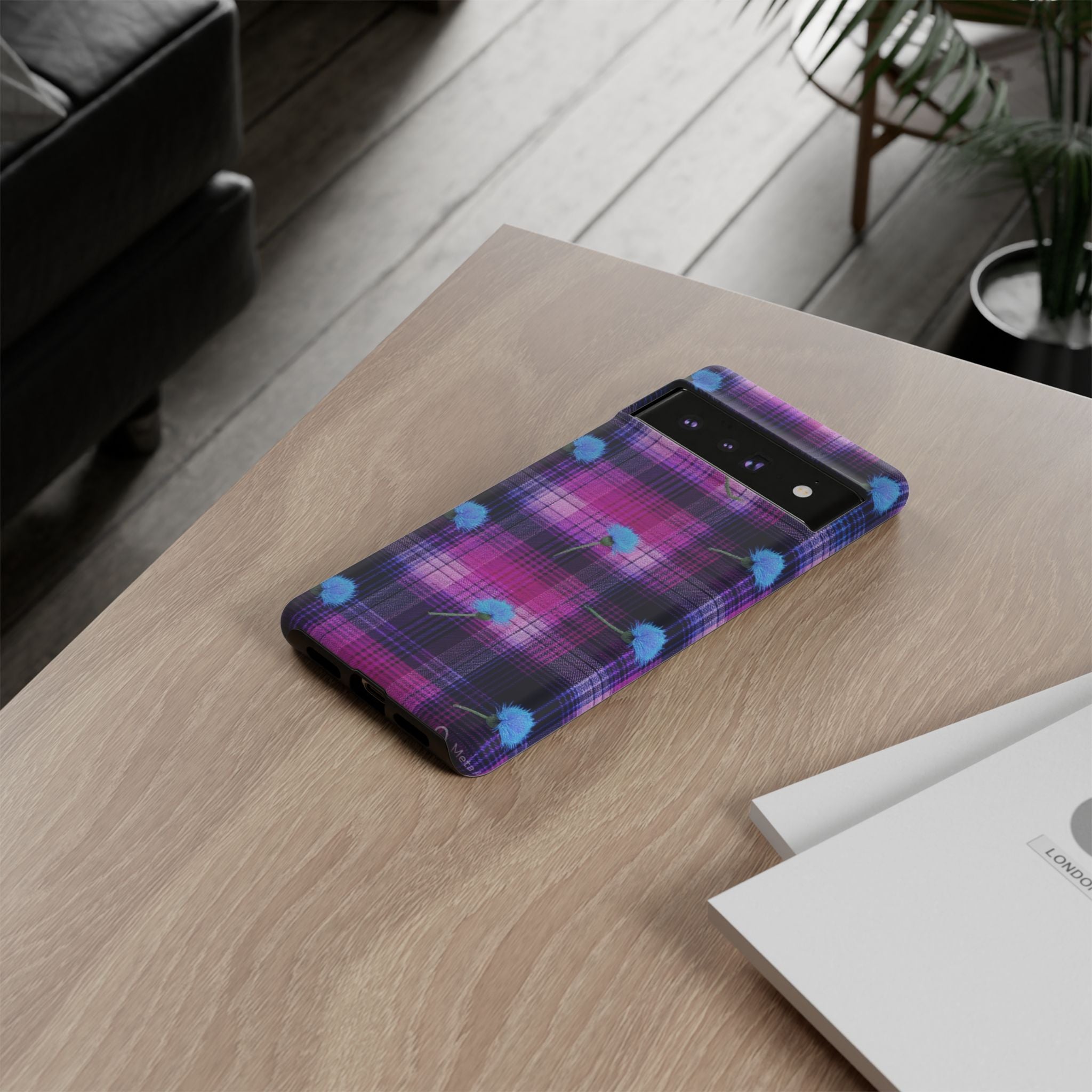 Purple Plaid Blue Thistle Tartan Phone Case — Floral Plaid Protective iPhone Cover
