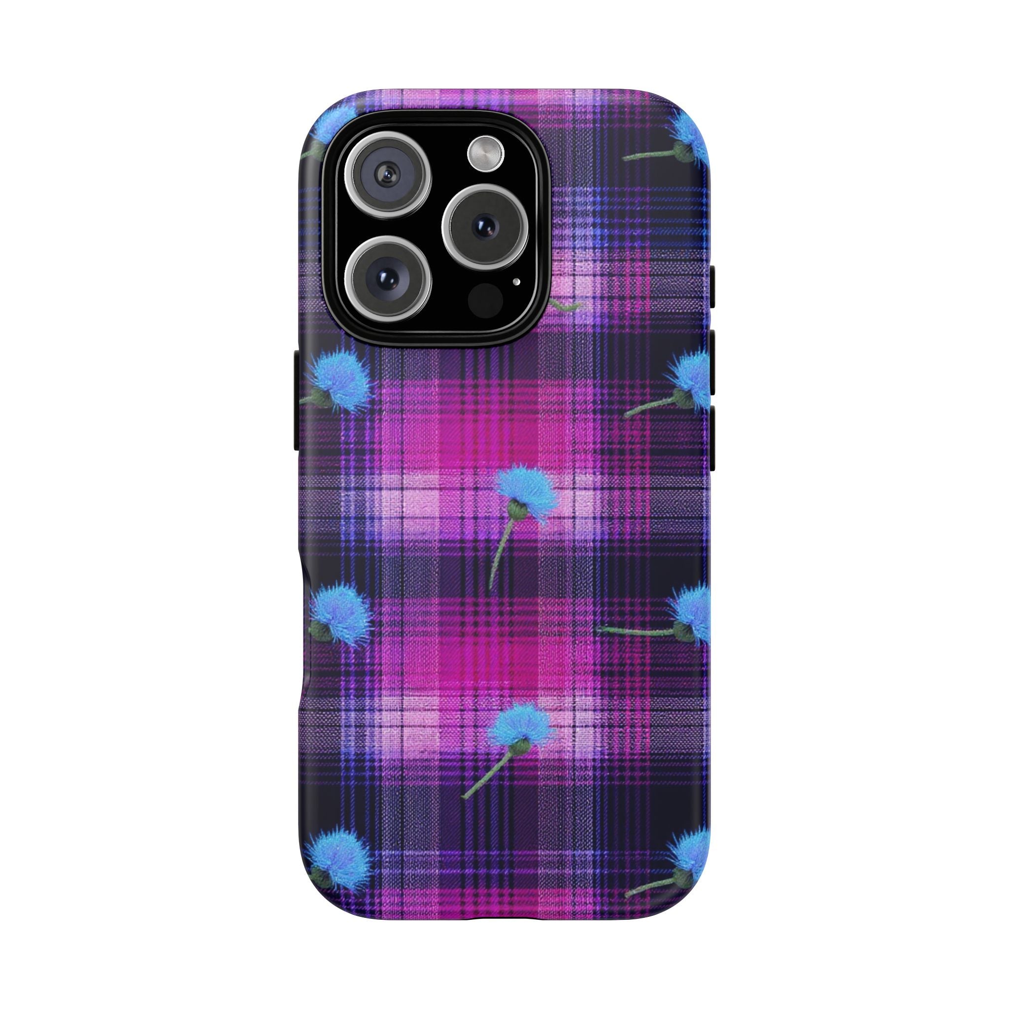 Purple Plaid Blue Thistle Tartan Phone Case — Floral Plaid Protective iPhone Cover