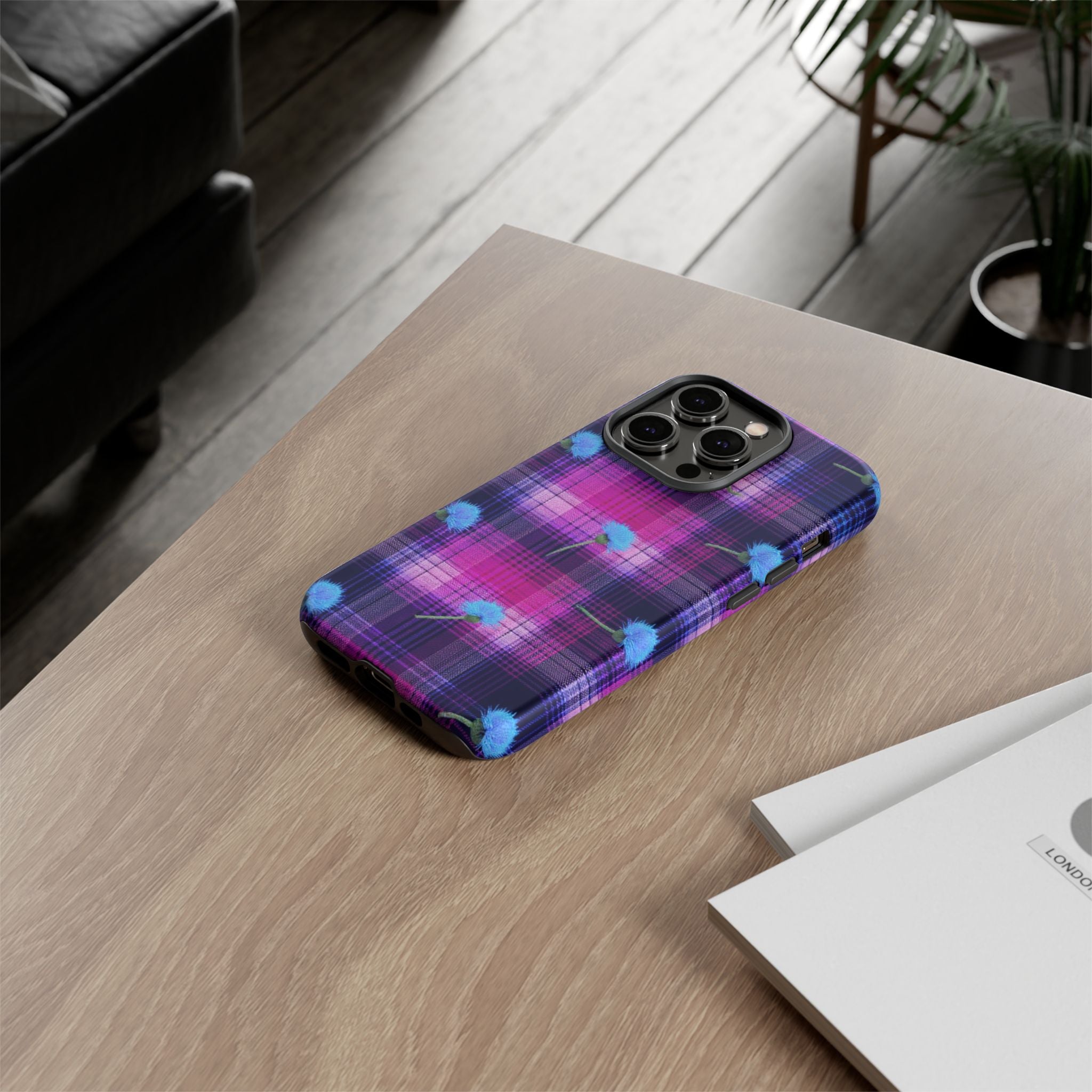 Purple Plaid Blue Thistle Tartan Phone Case — Floral Plaid Protective iPhone Cover
