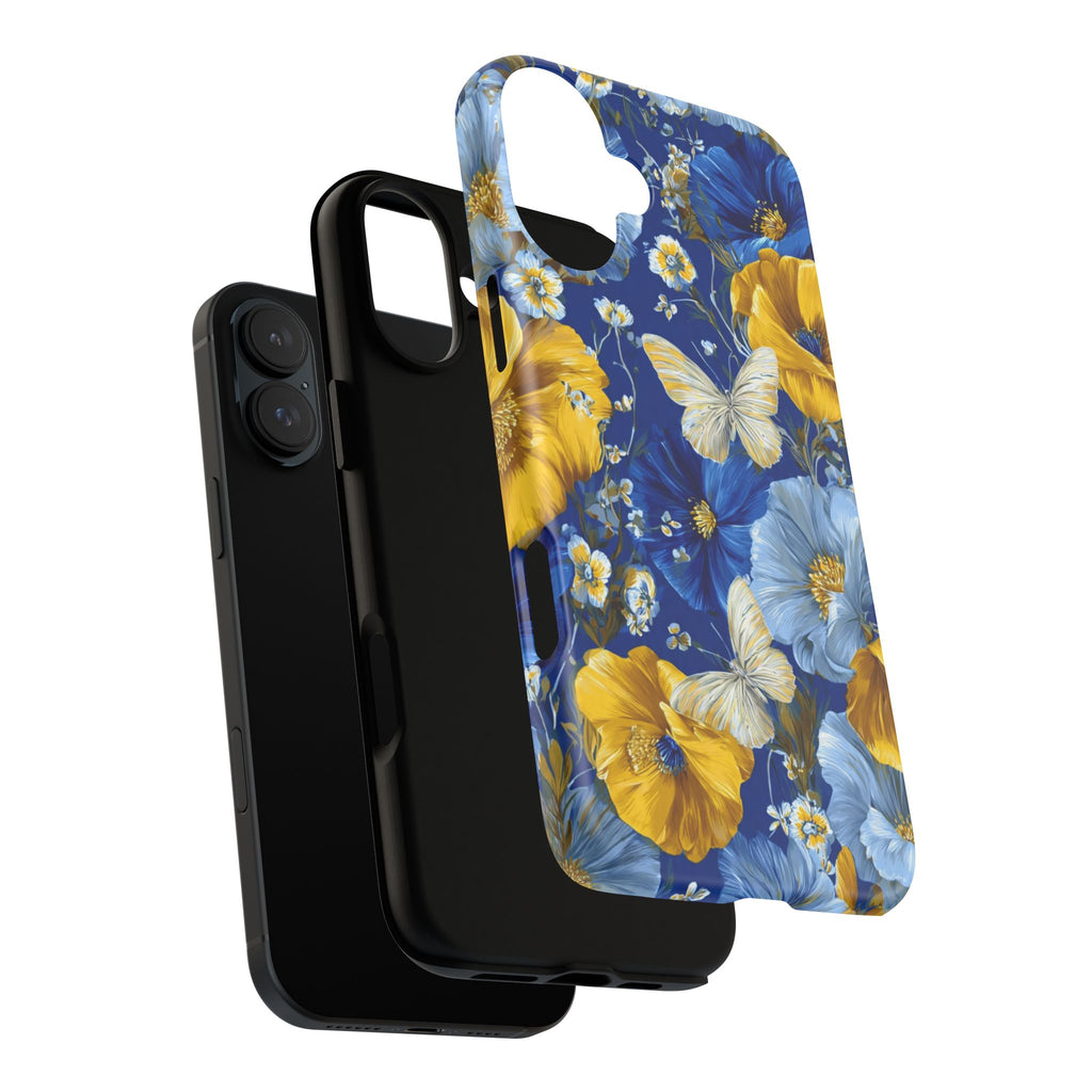 Floral Butterflies Phone Case — Blue & Yellow Tough Protective Cover
