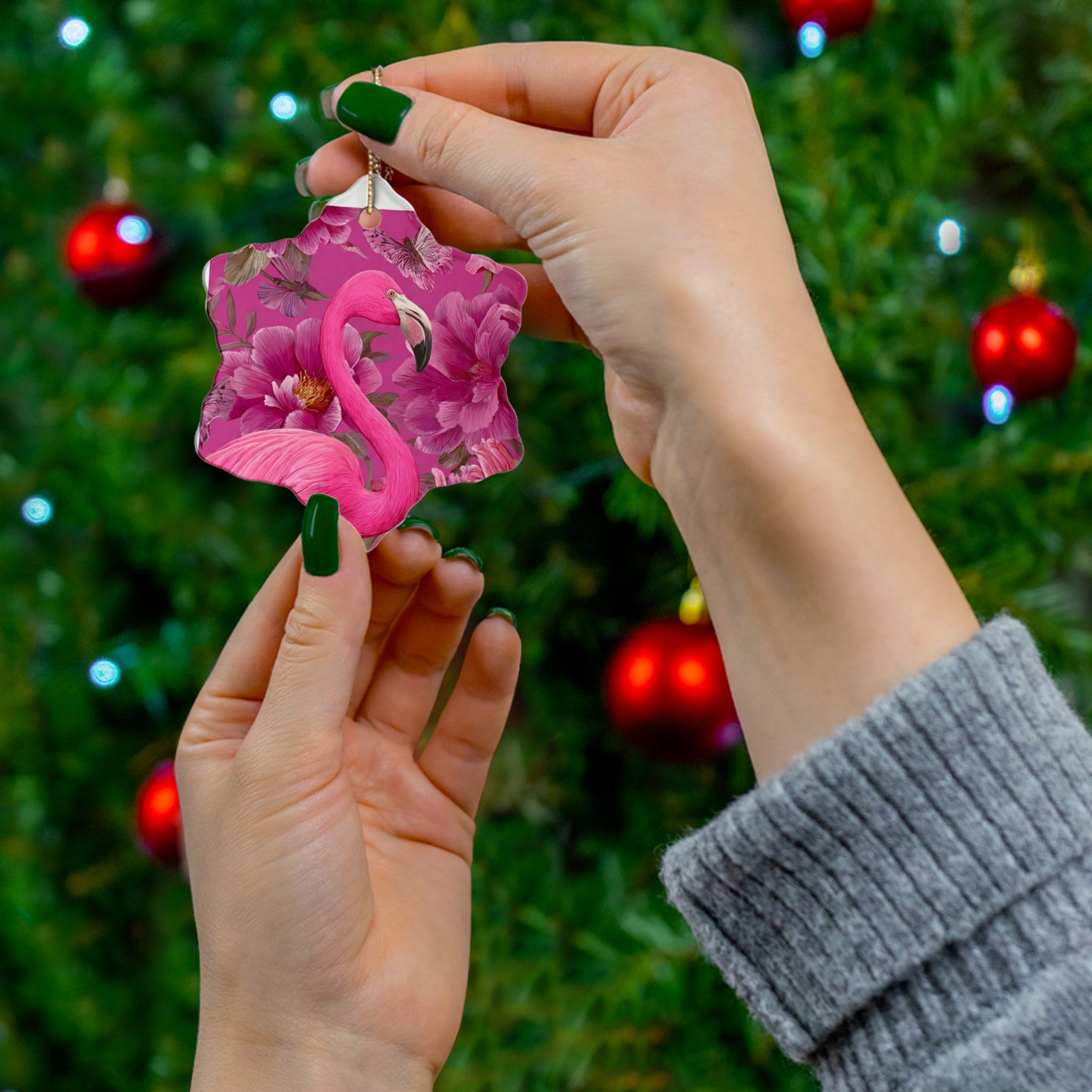 Pink Flamingo Ceramic Ornament — Star-Shaped Holiday Decoration