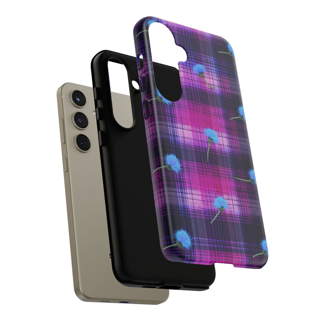 Purple Plaid Blue Thistle Tartan Phone Case — Floral Plaid Protective iPhone Cover