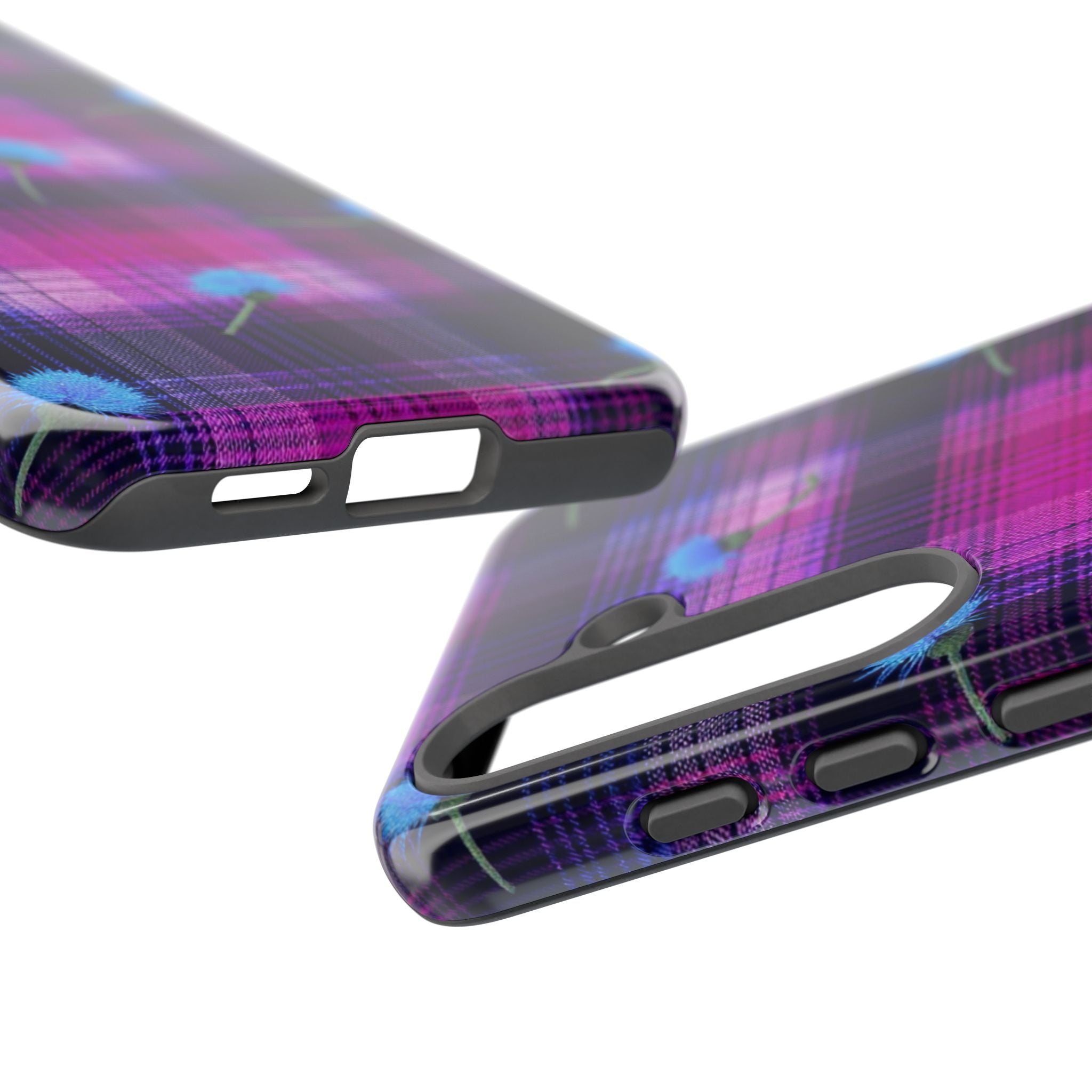 Purple Plaid Blue Thistle Tartan Phone Case — Floral Plaid Protective iPhone Cover