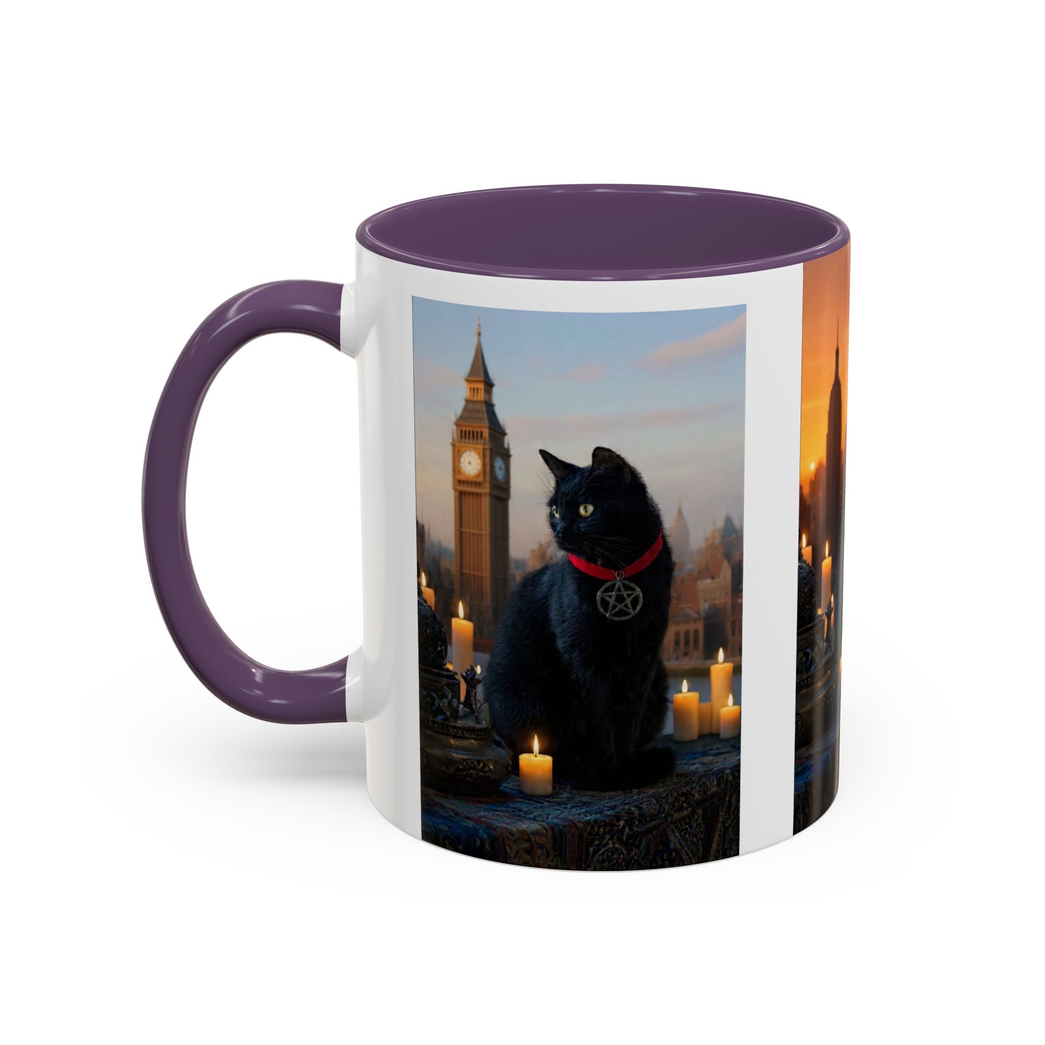 Black Cat Altar Coffee Mug — Gothic Cat with Pentagram, Candlelit Sunset Scene (11/15oz)