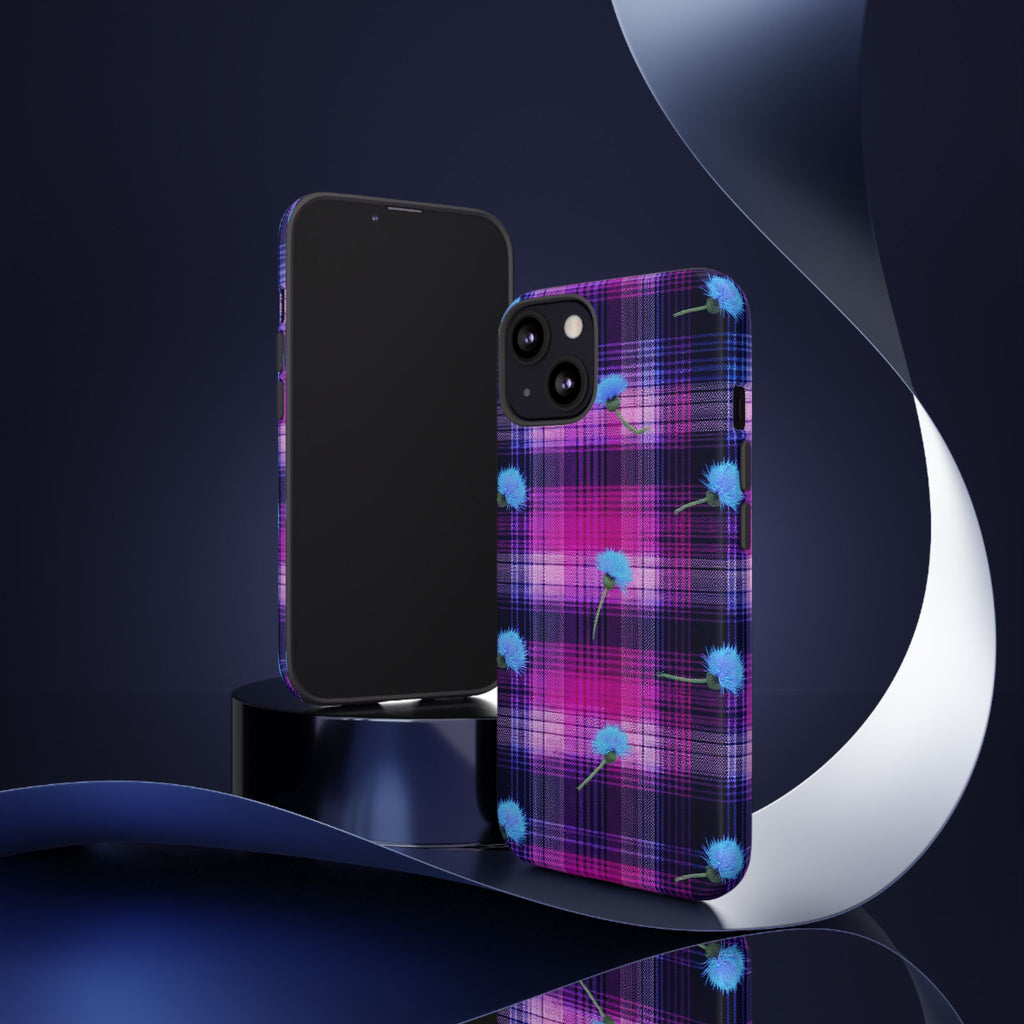 Purple Plaid Blue Thistle Tartan Phone Case — Floral Plaid Protective iPhone Cover