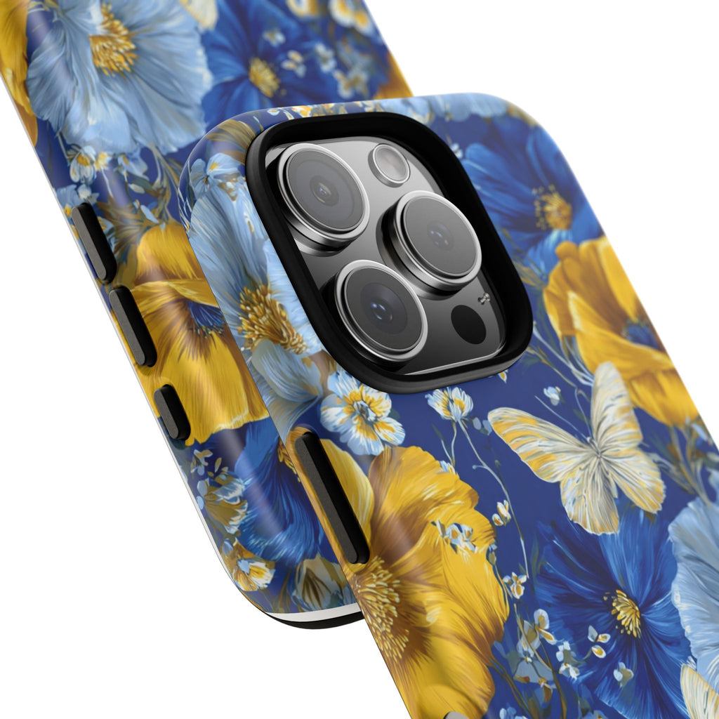 Floral Butterflies Phone Case — Blue & Yellow Tough Protective Cover