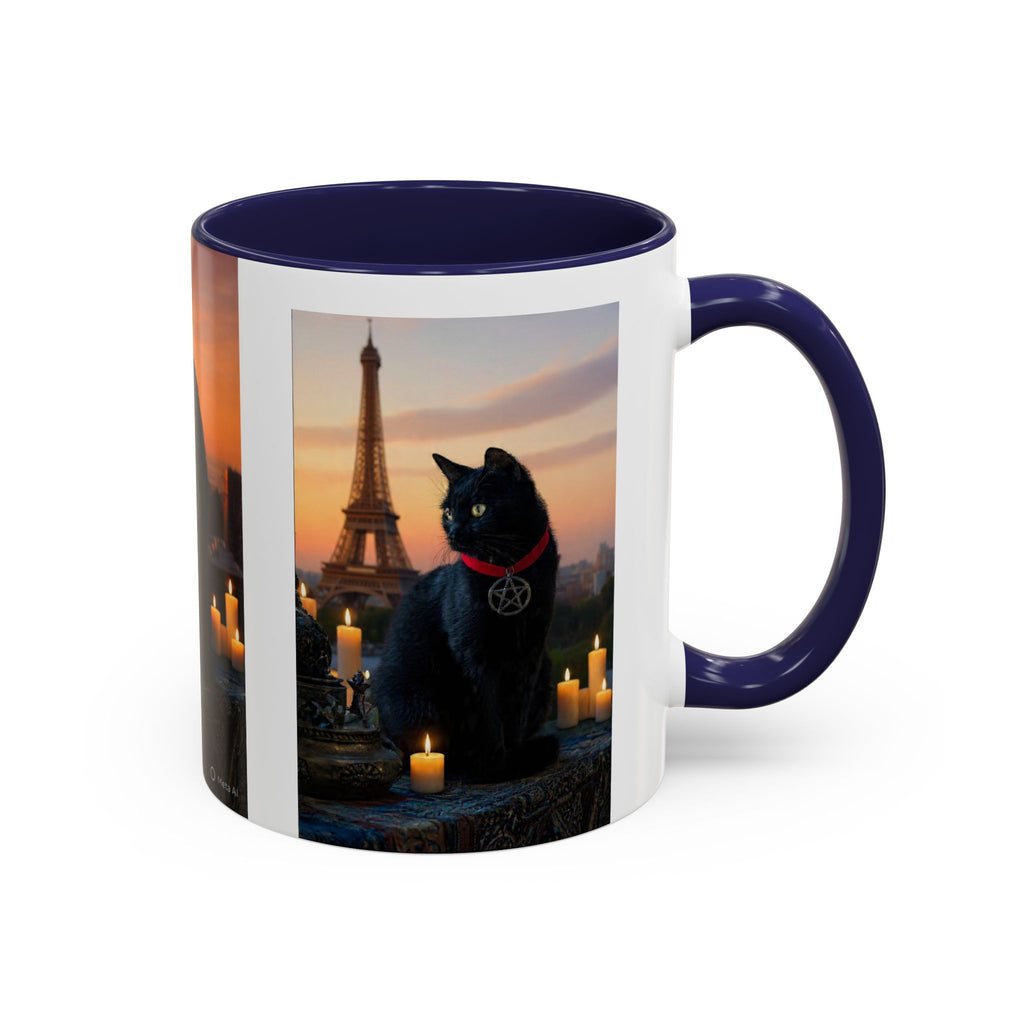 Black Cat Altar Coffee Mug — Gothic Cat with Pentagram, Candlelit Sunset Scene (11/15oz)