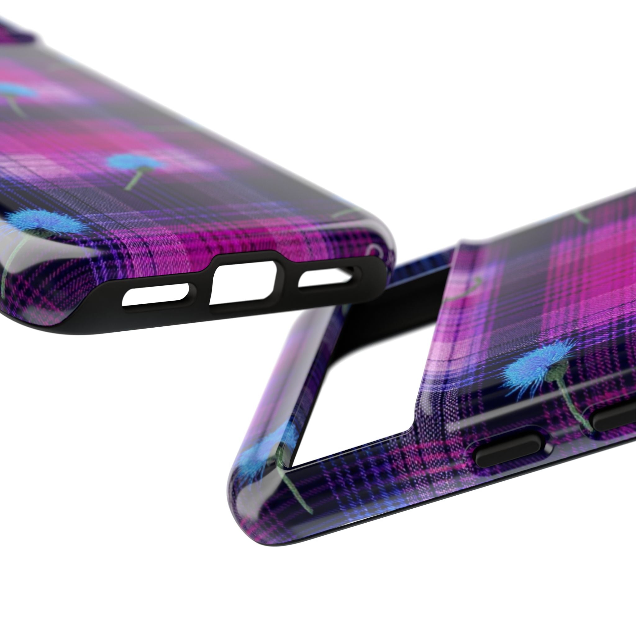 Purple Plaid Blue Thistle Tartan Phone Case — Floral Plaid Protective iPhone Cover