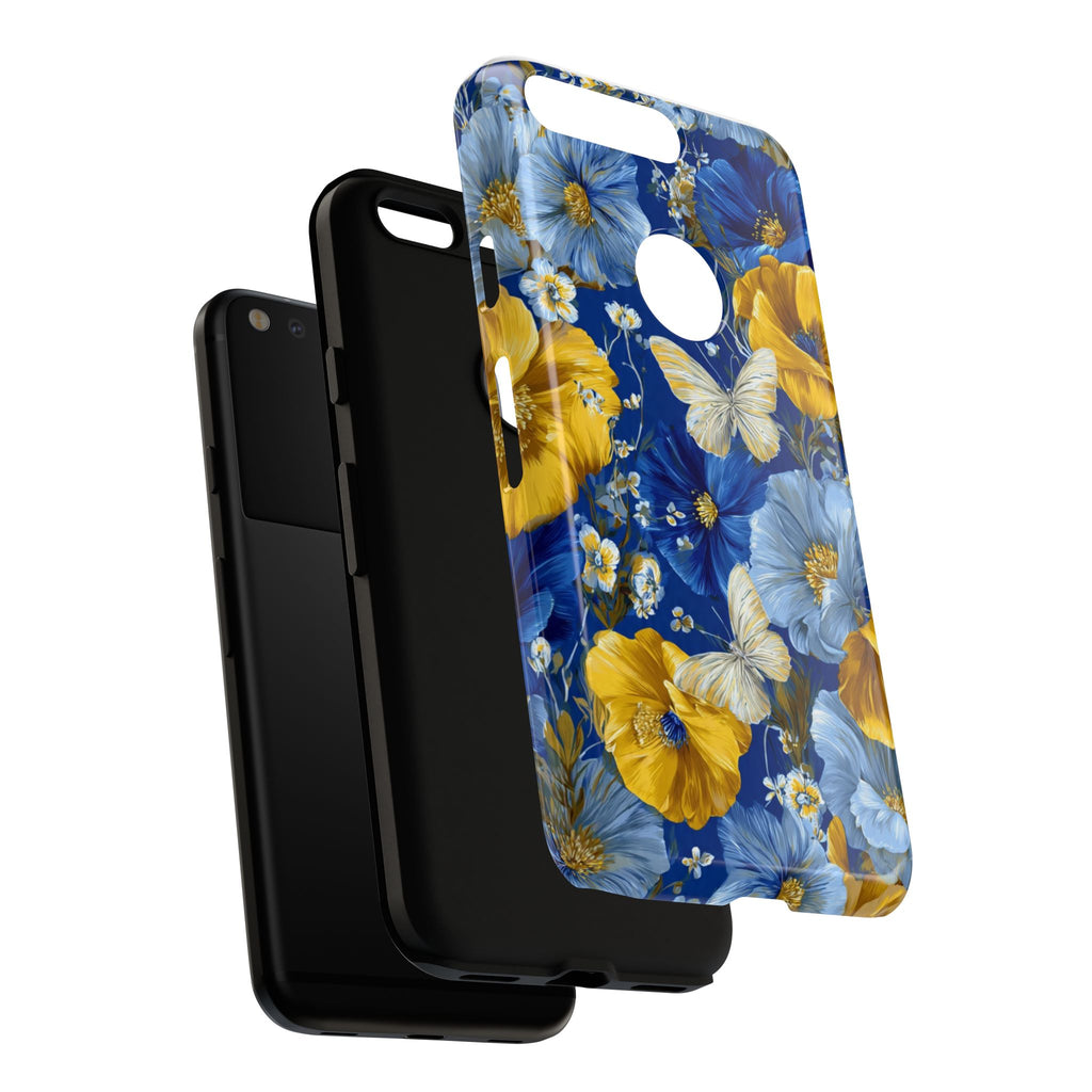 Floral Butterflies Phone Case — Blue & Yellow Tough Protective Cover