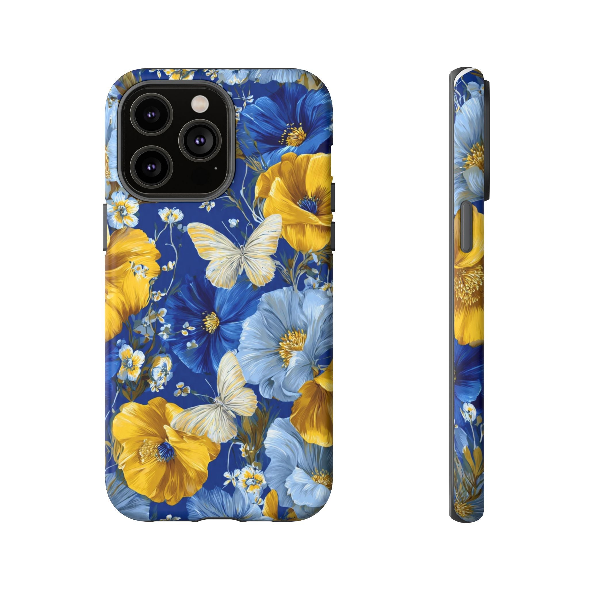 Floral Butterflies Phone Case — Blue & Yellow Tough Protective Cover