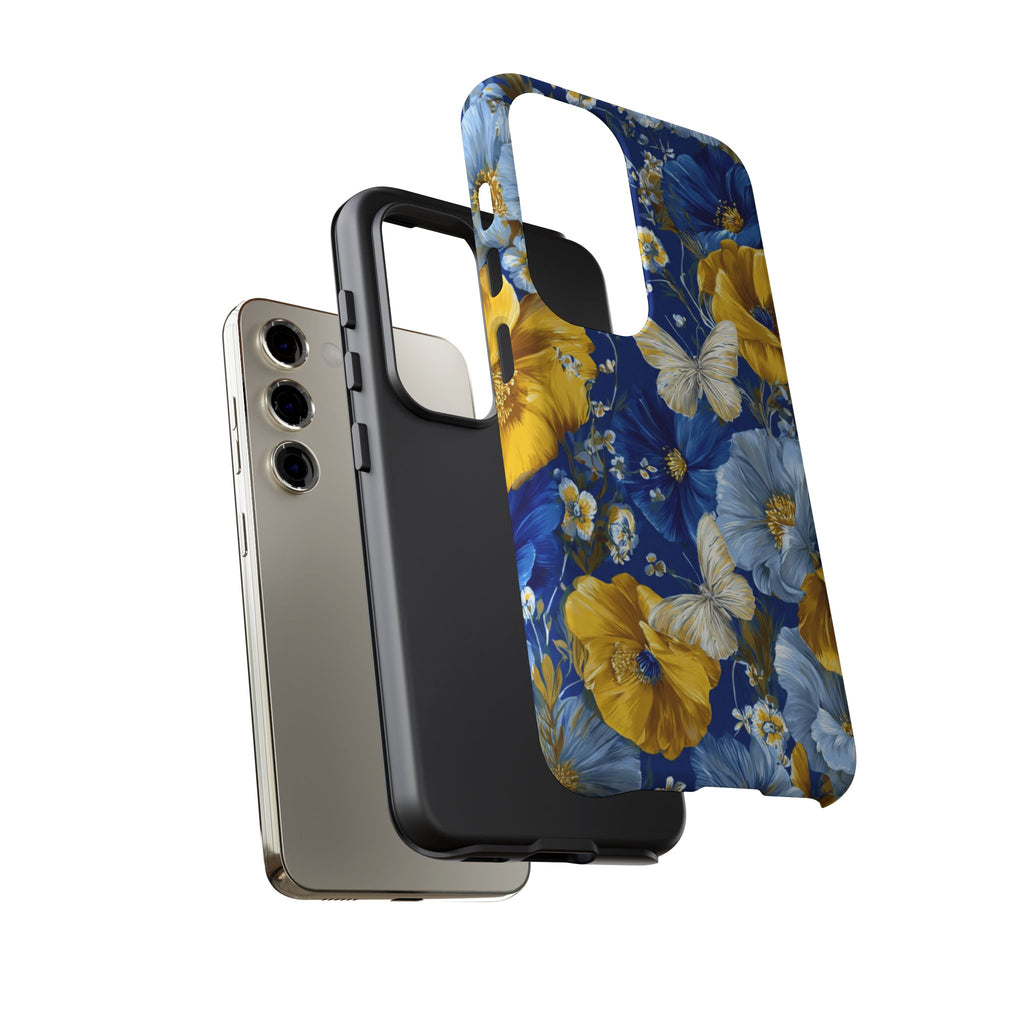 Floral Butterflies Phone Case — Blue & Yellow Tough Protective Cover