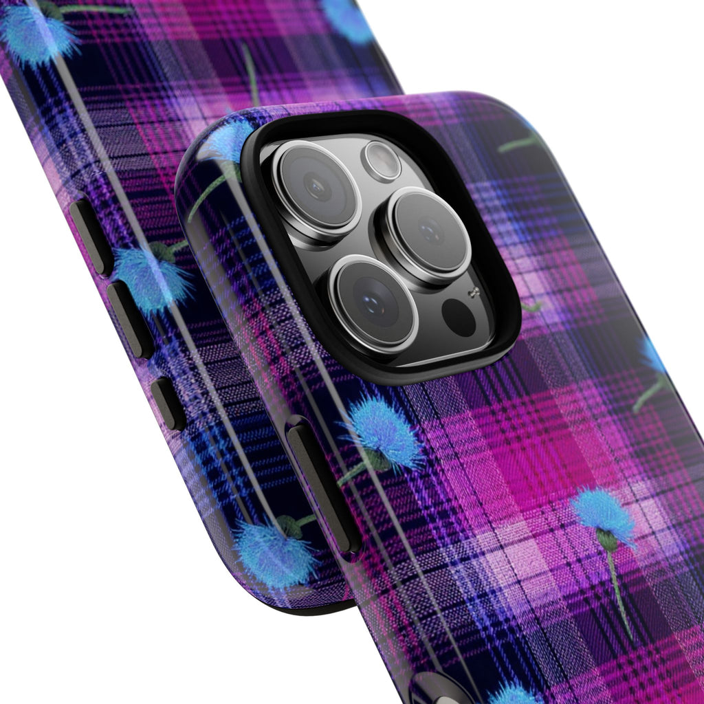 Purple Plaid Blue Thistle Tartan Phone Case — Floral Plaid Protective iPhone Cover