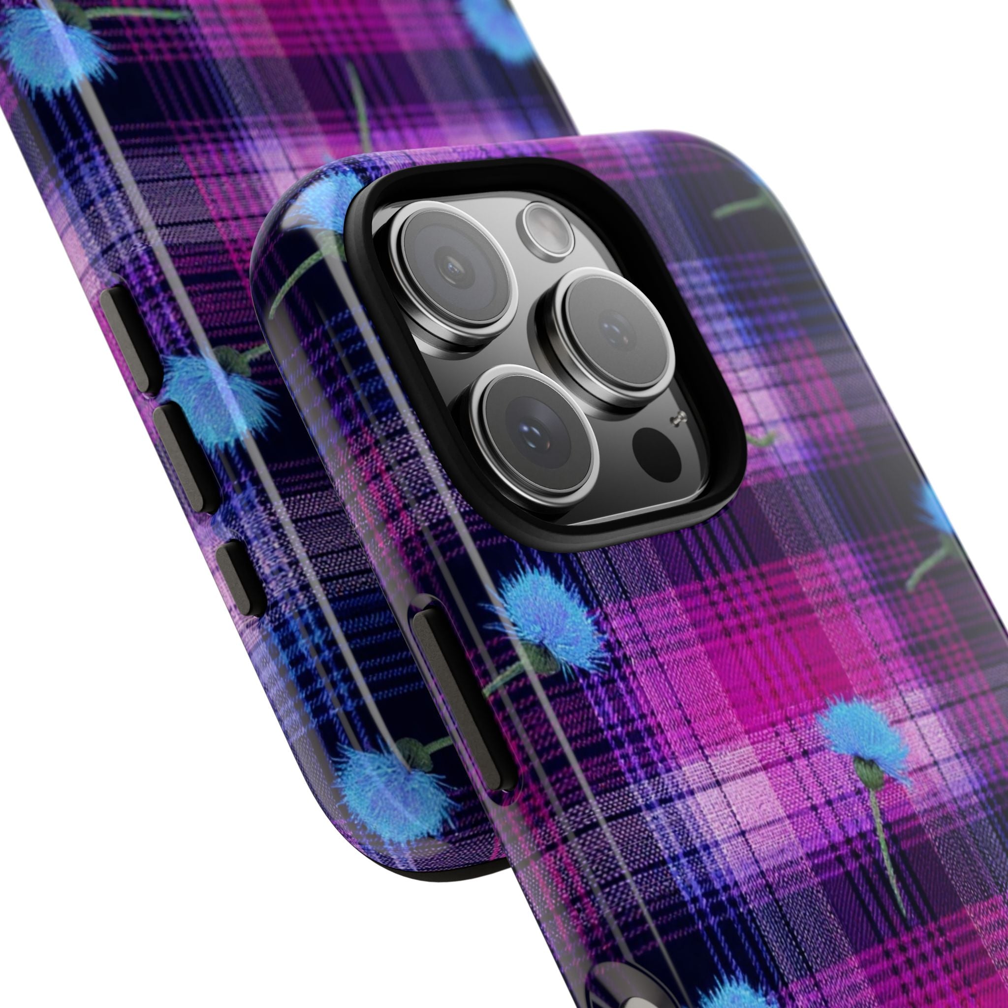 Purple Plaid Blue Thistle Tartan Phone Case — Floral Plaid Protective iPhone Cover