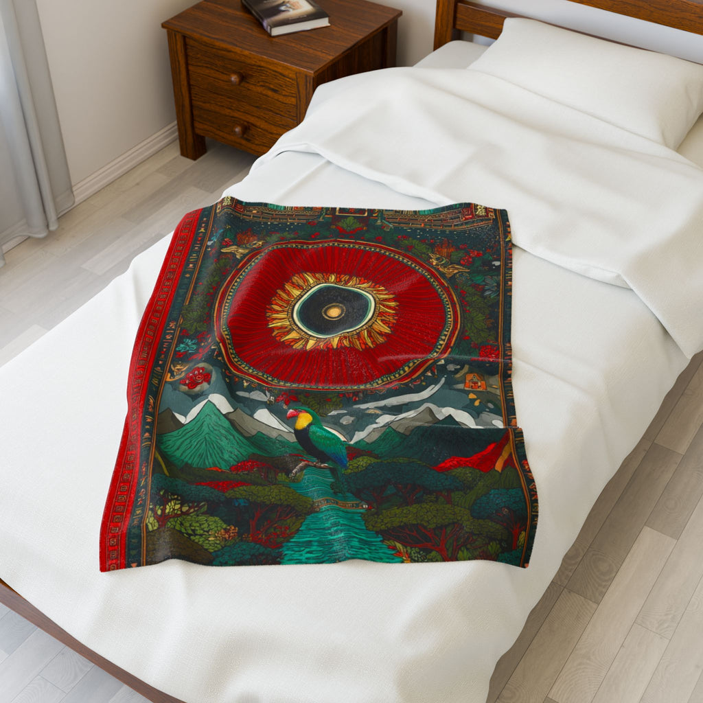 Velveteen Plush Blanket — Bohemian Sun & Mountain Tapestry Design