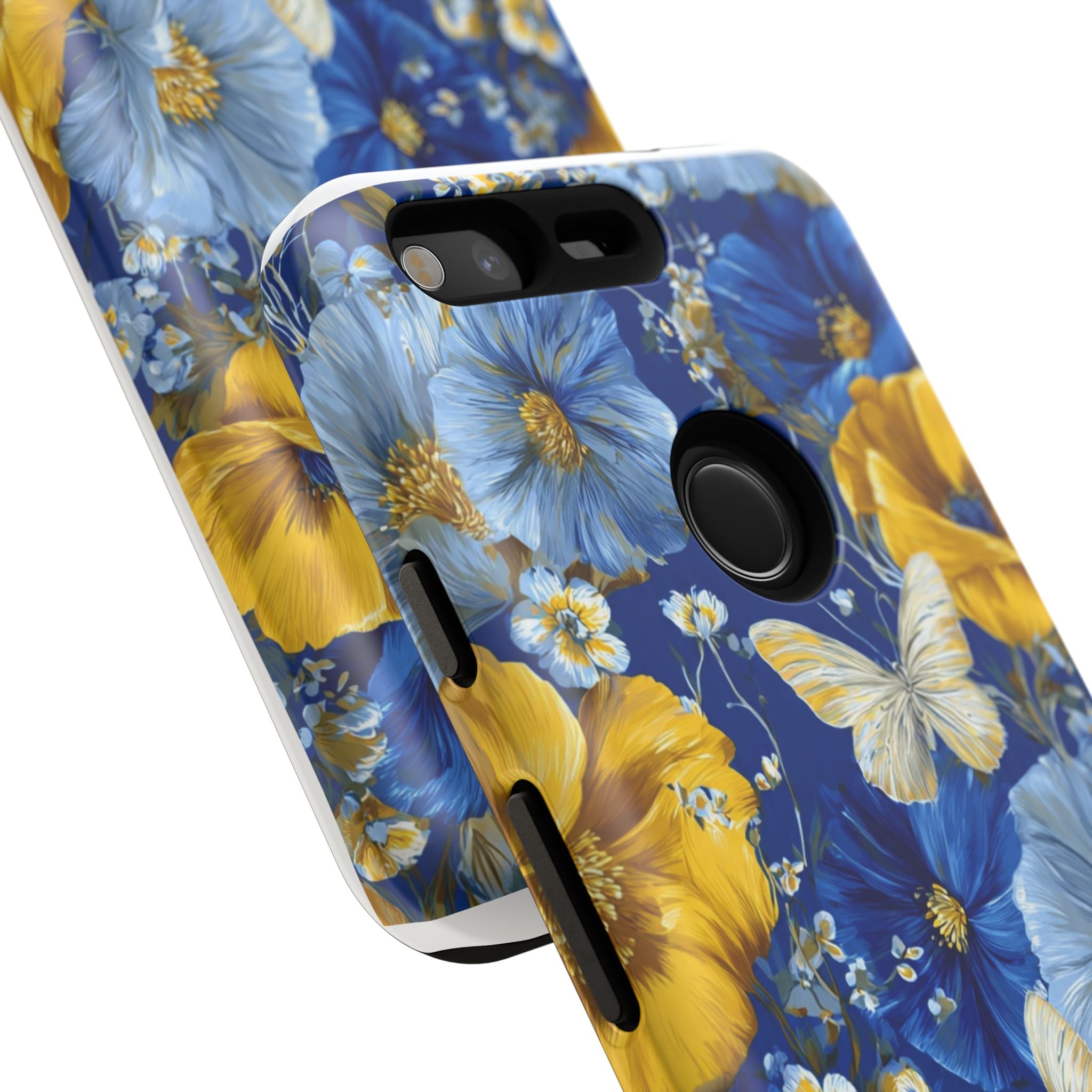 Floral Butterflies Phone Case — Blue & Yellow Tough Protective Cover