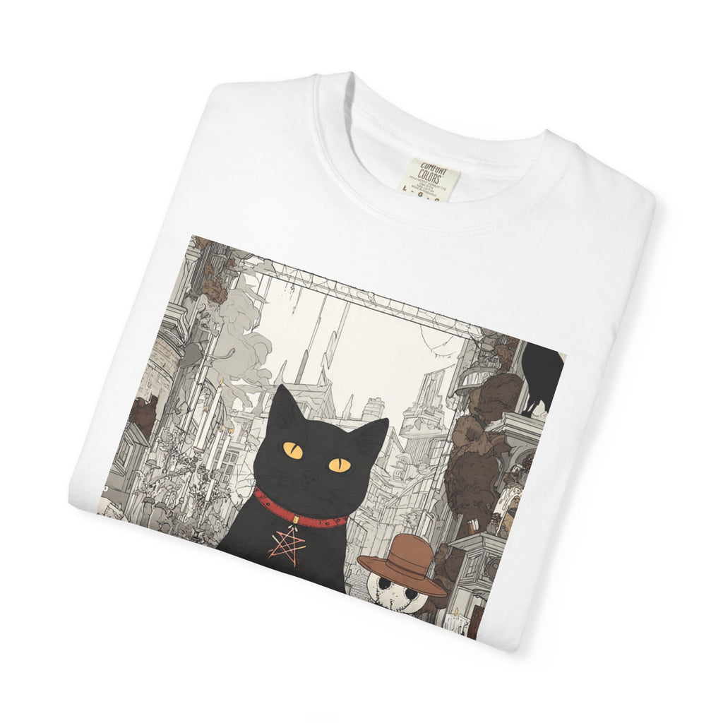 Black Cat Cityscape T-Shirt — Vintage Urban Cat Illustration