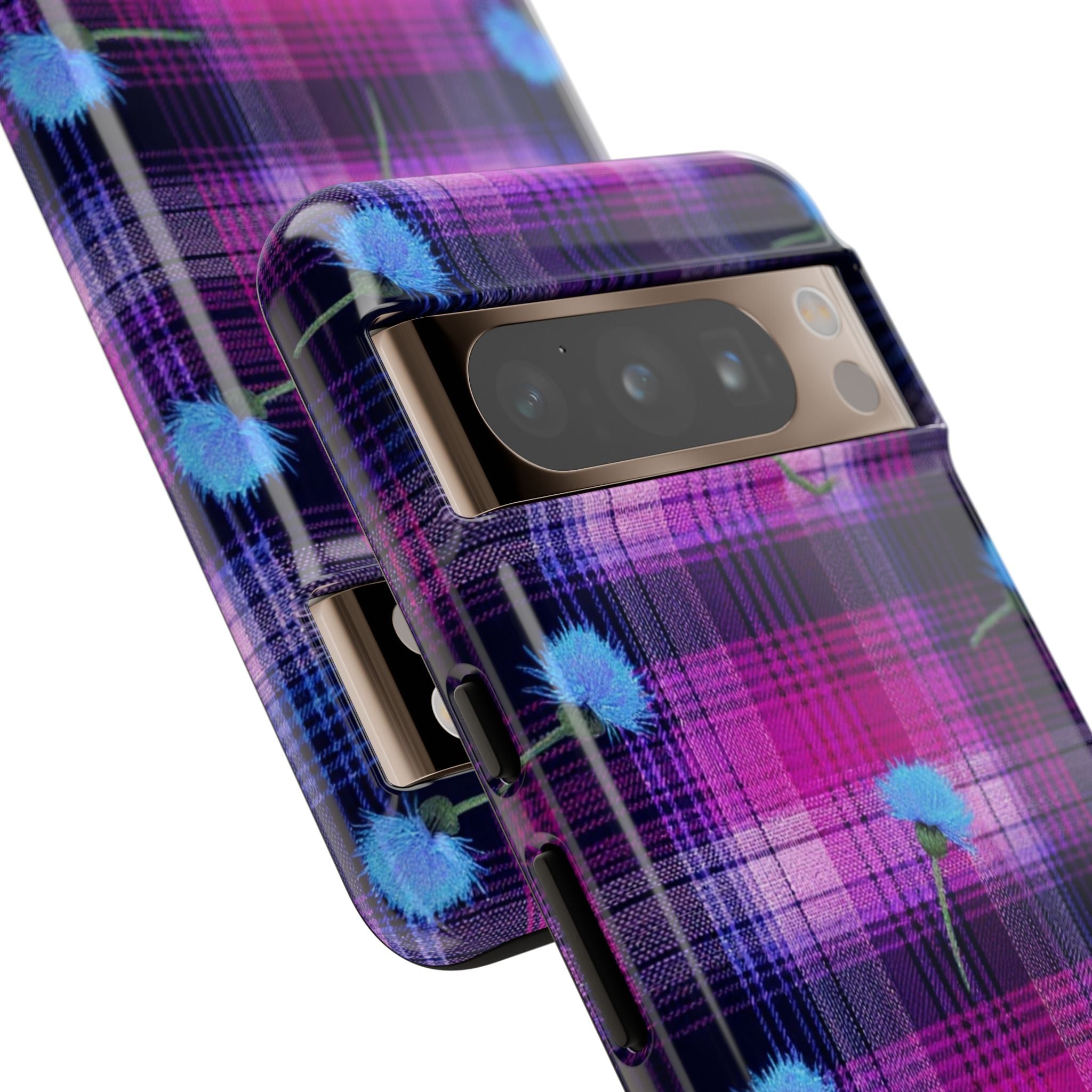 Purple Plaid Blue Thistle Tartan Phone Case — Floral Plaid Protective iPhone Cover