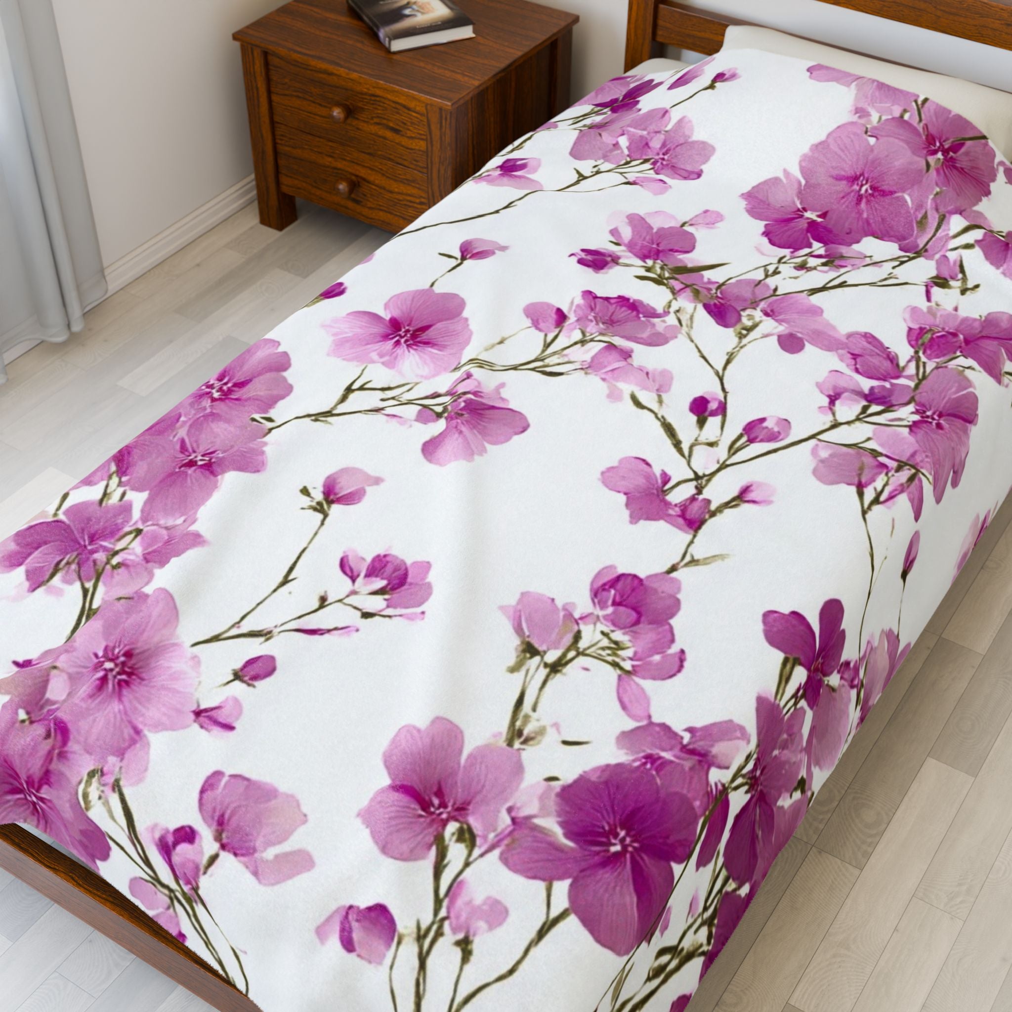 Velveteen Plush Blanket — Pink Cherry Blossom Floral Throw, Soft Cozy Bed & Couch Accent