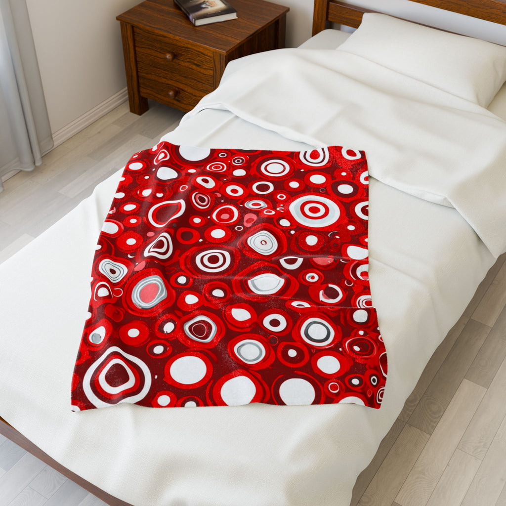 Red Retro Circles Velveteen Plush Blanket — Cozy Mid-Century Modern Throw