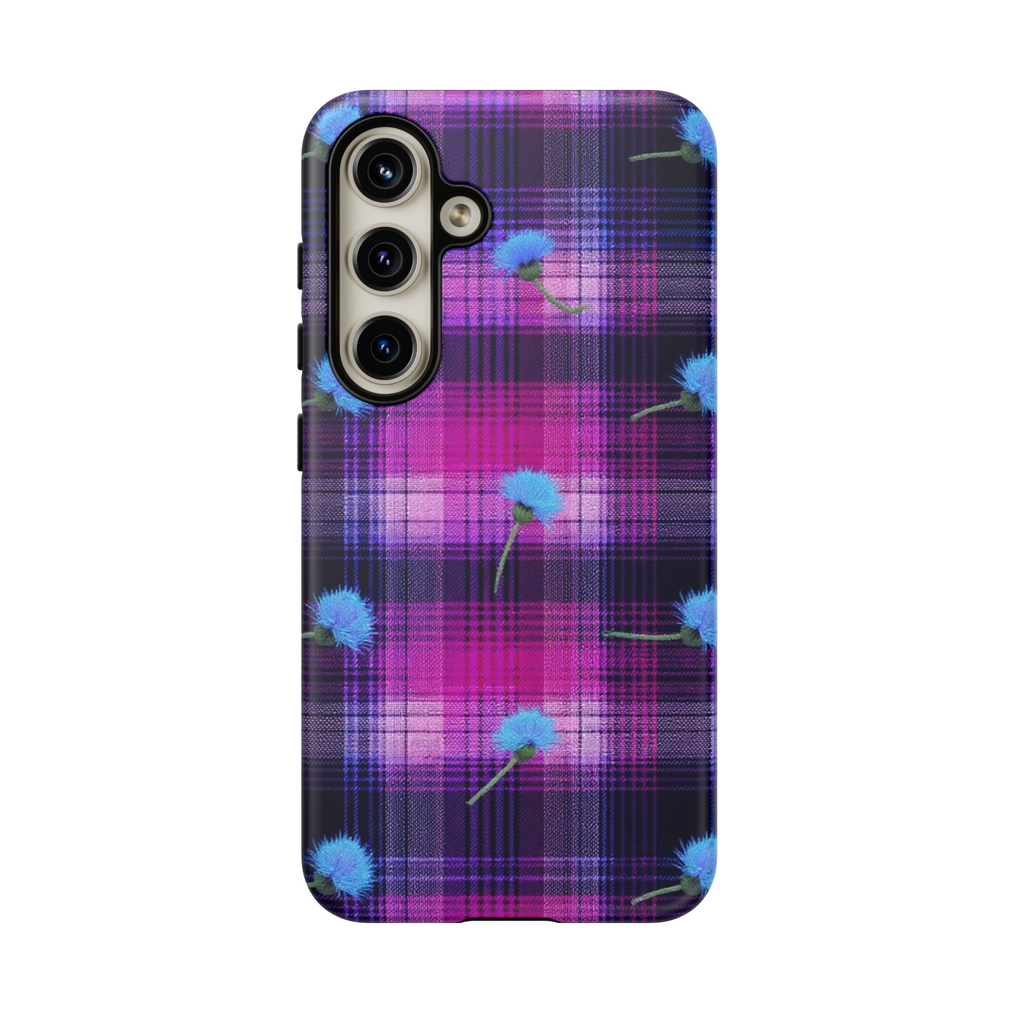 Purple Plaid Blue Thistle Tartan Phone Case — Floral Plaid Protective iPhone Cover